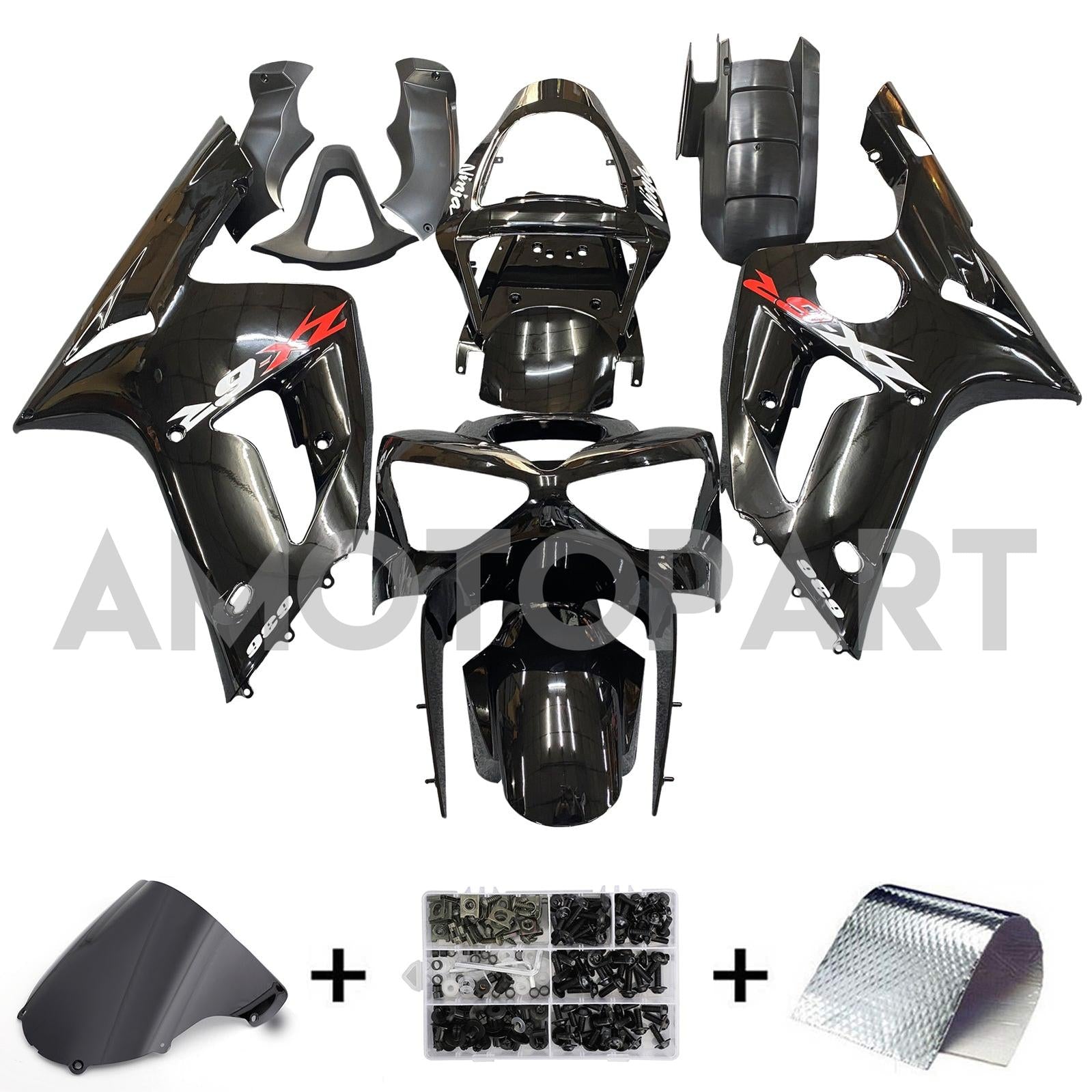 Amotopart 2003-2004 Kawasaki ZX6R Fairing Black Kit