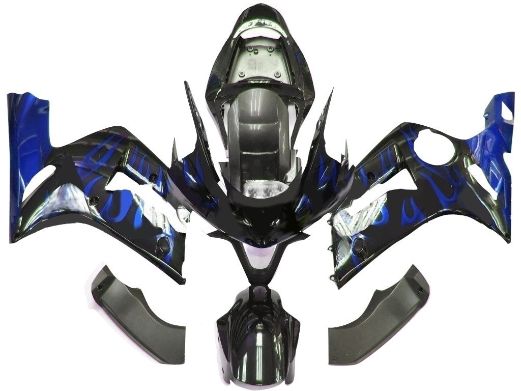 Amotopart 2003-2004 Kawasaki ZX6R Fairng Black&Blue Flame Kit