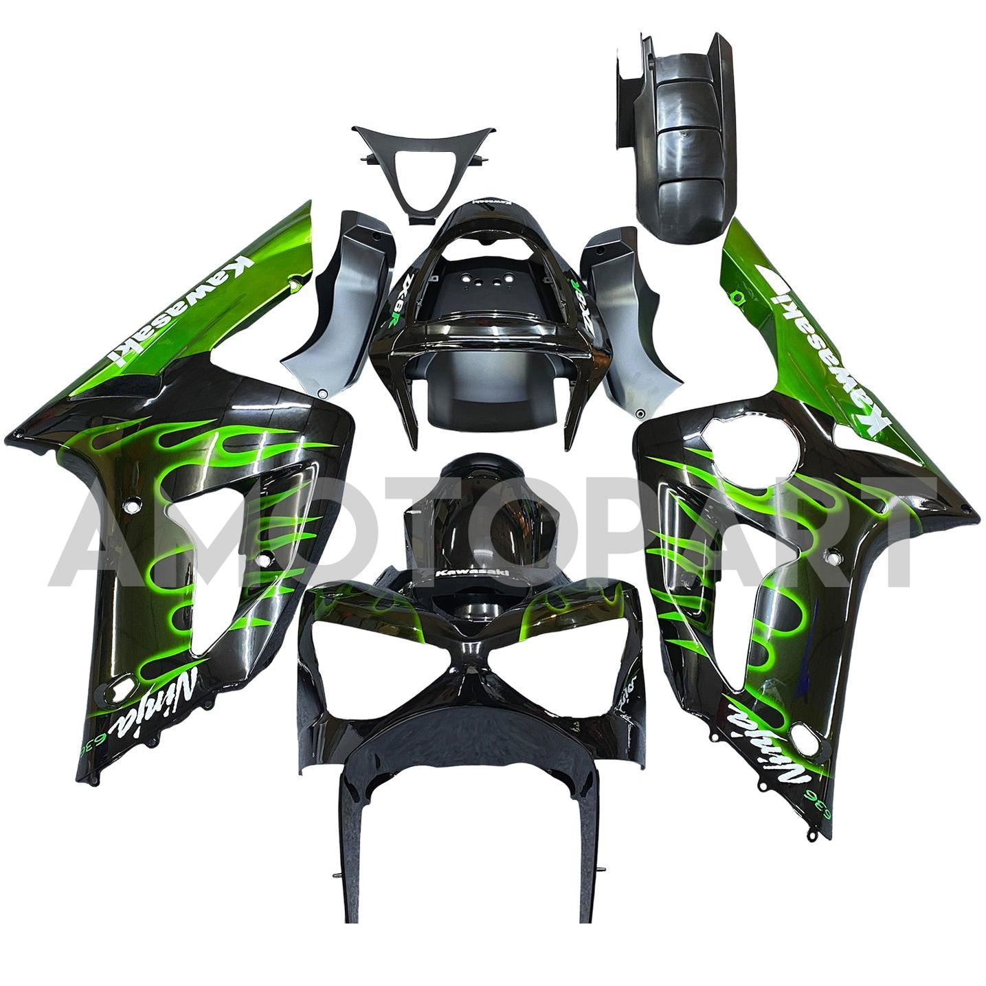 Amotopart 2003-2004 Kawasaki ZX6R kuien Black & Green Flame Kit