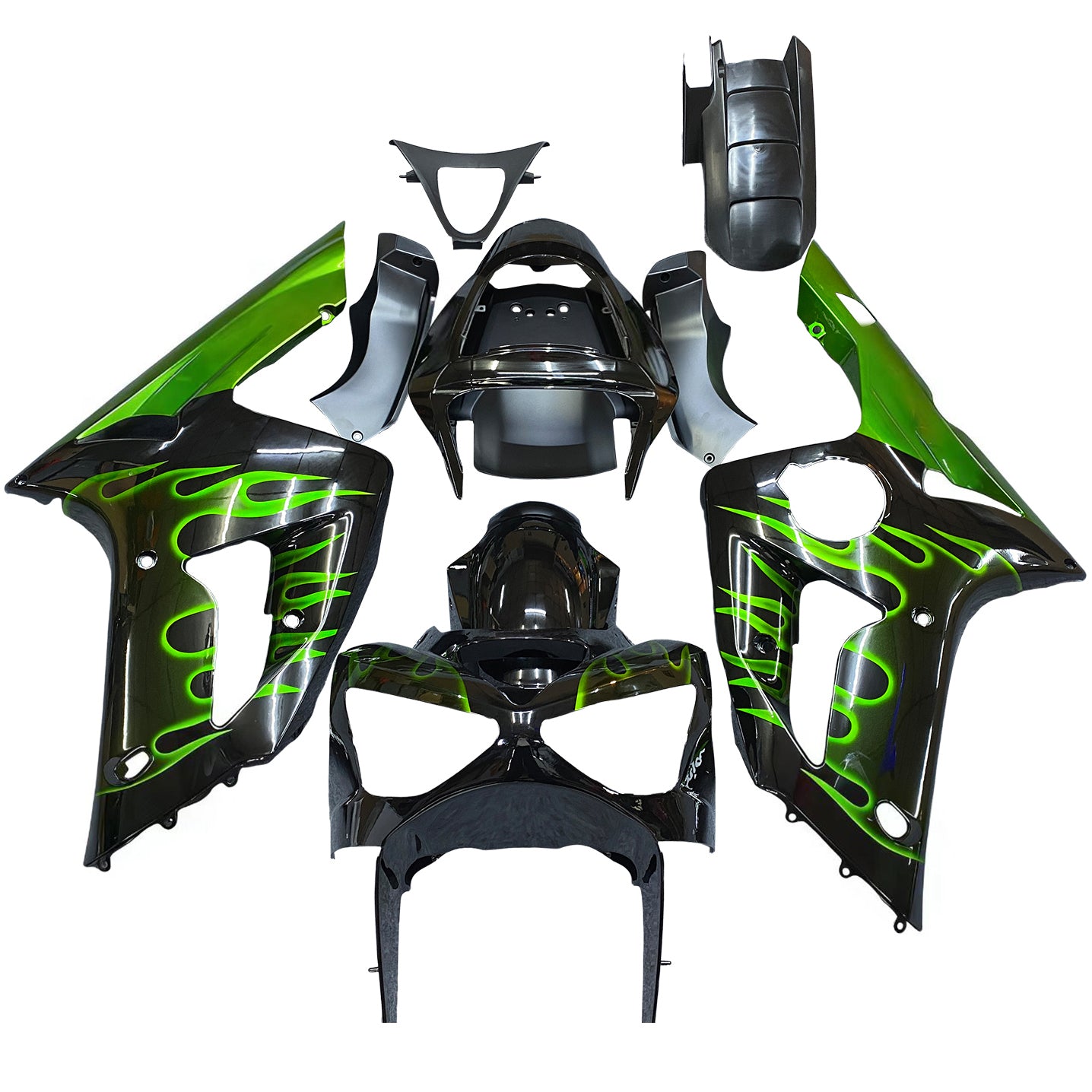 Amotopart 2003-2004 Kawasaki ZX6R Fairing Black&Green Flame Kit