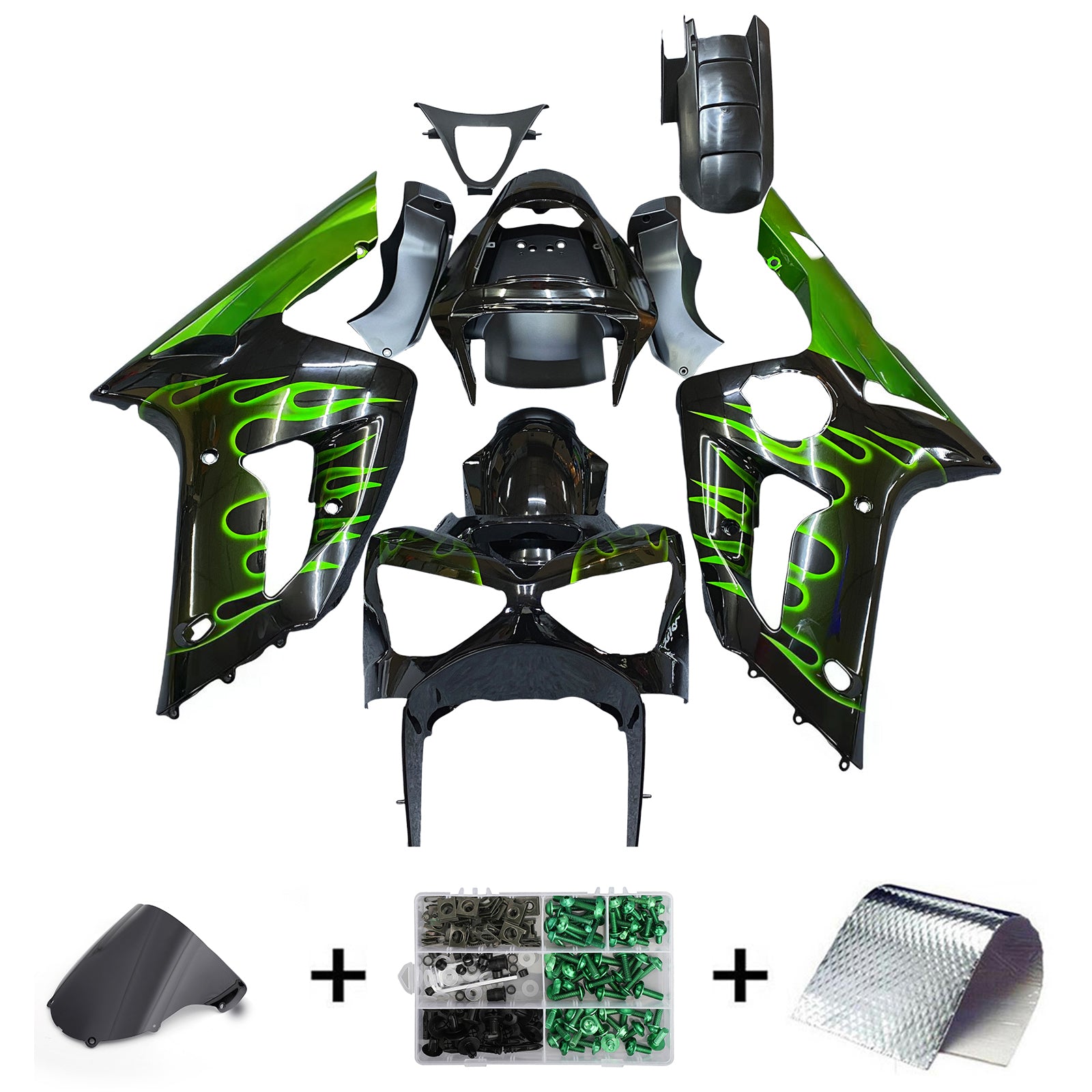 Amotopart 2003-2004 Kawasaki ZX6R Fairing Black&Green Flame Kit