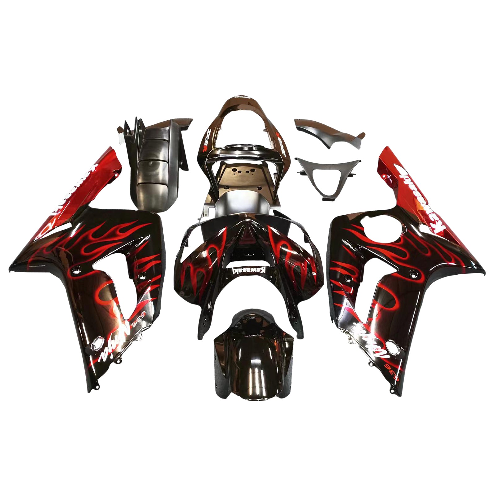 Amotopart 2003-2004 Kawasaki ZX6R Fairing Black with Red Flame Kit