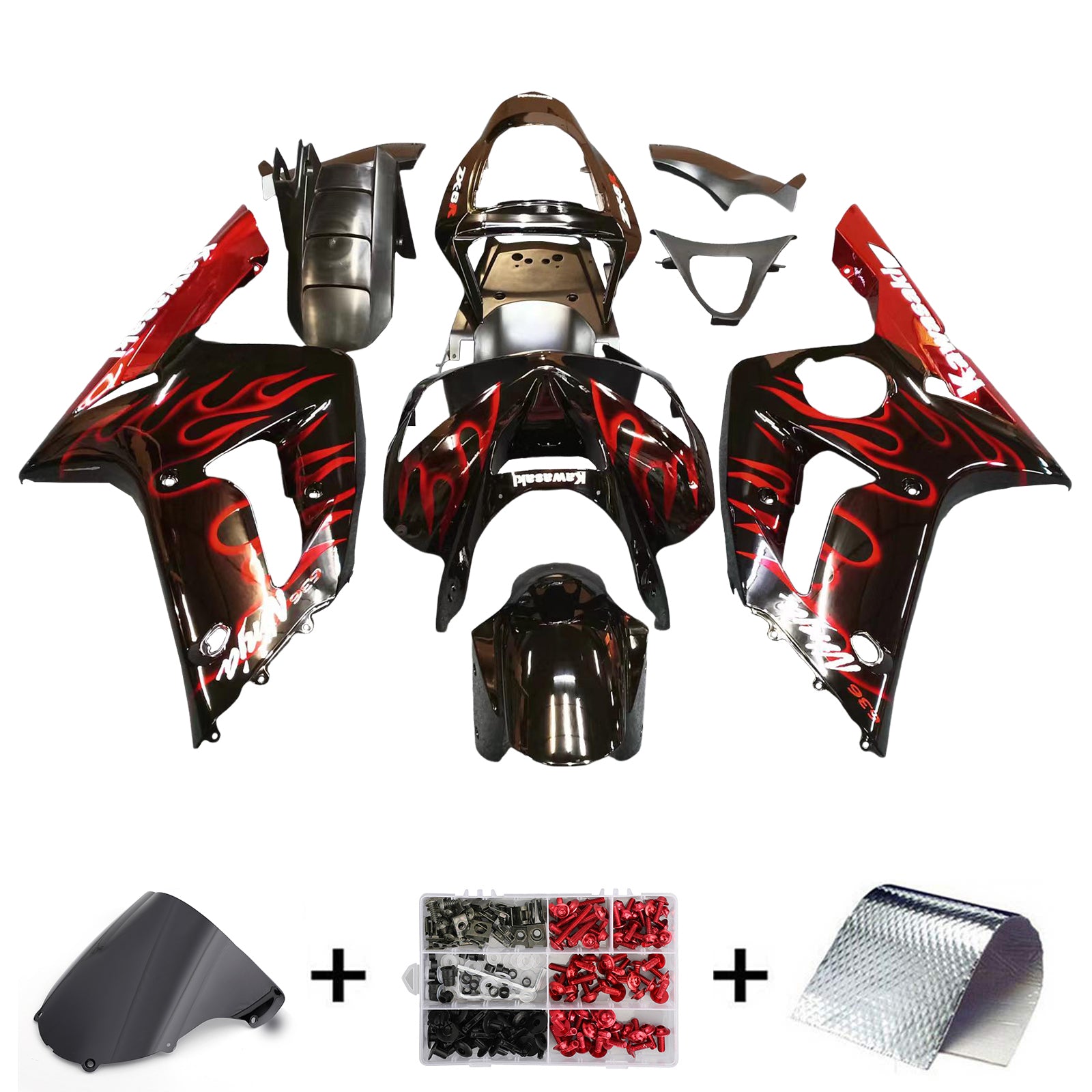 Amotopart 2003-2004 Kawasaki ZX6R Fairing Black with Red Flame Kit