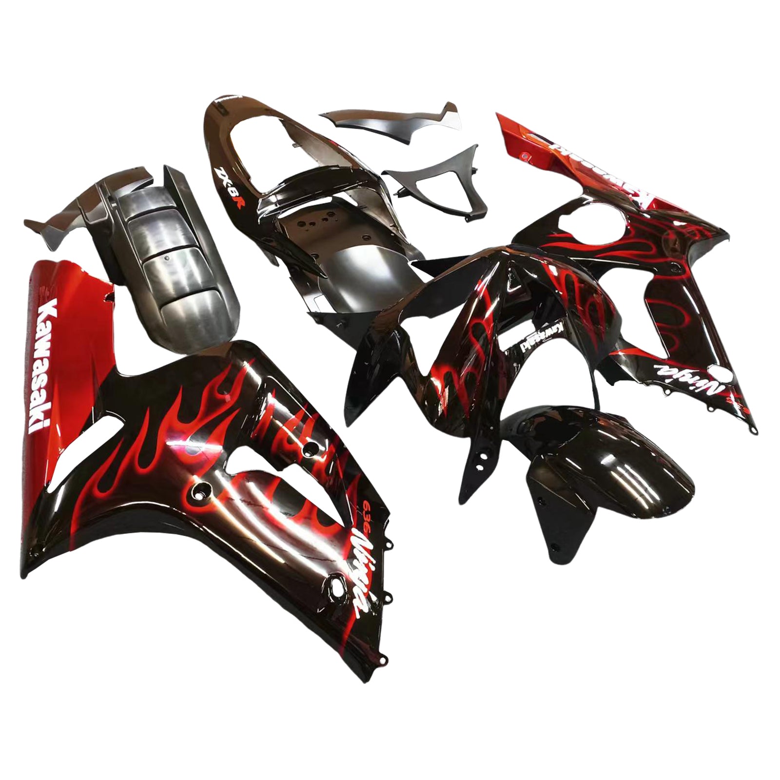 Amotopart 2003-2004 Kawasaki ZX6R Fairing Black with Red Flame Kit