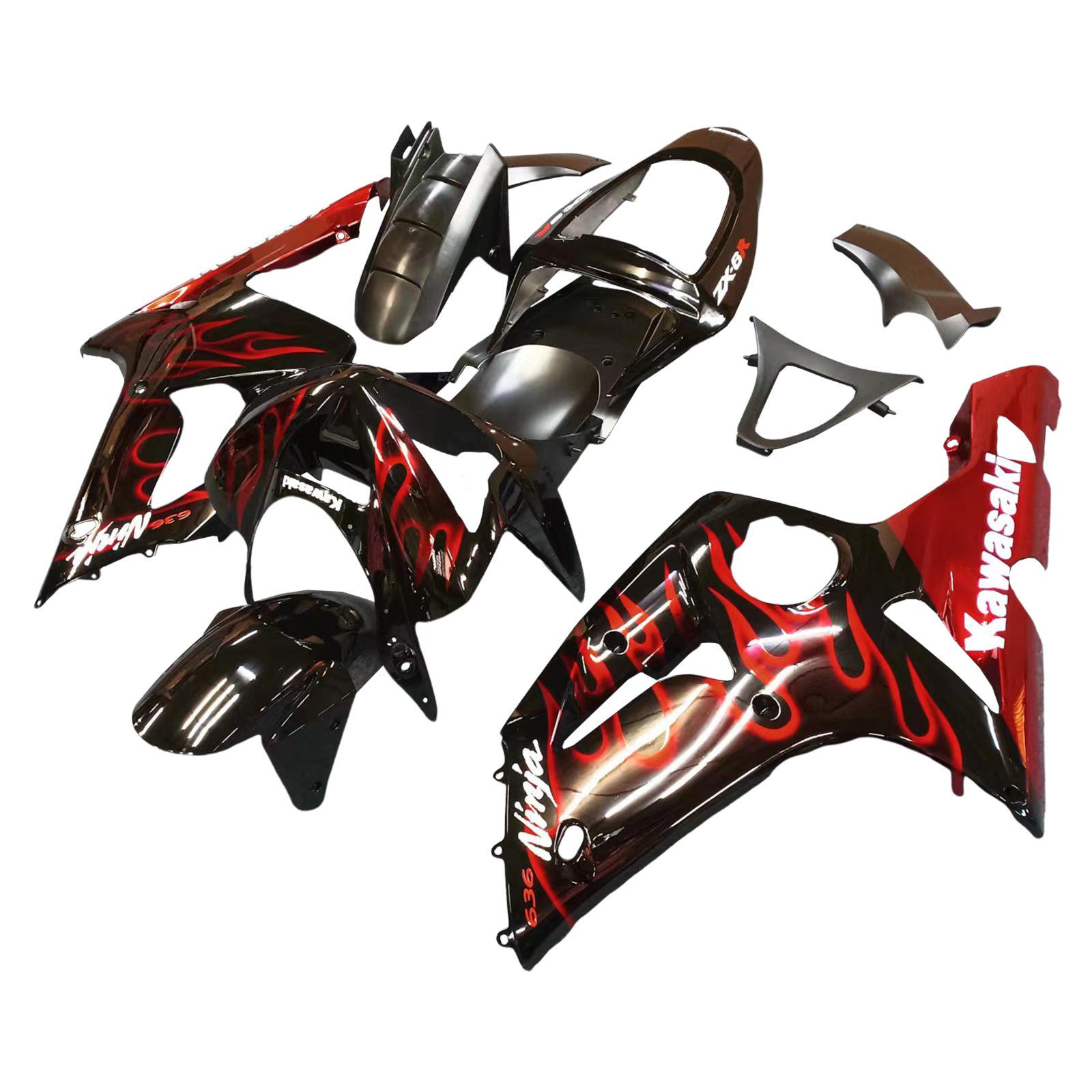 Amotopart 2003-2004 Kawasaki ZX6R Fairing Black with Red Flame Kit