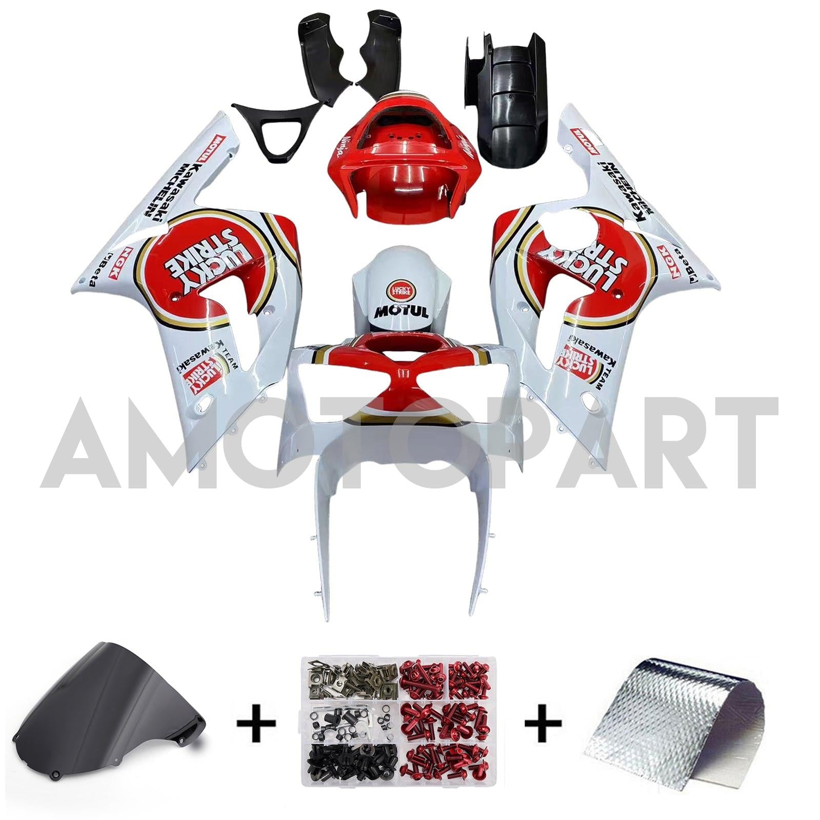 Amotopart 2003-2004 Kawasaki ZX6R Kit de carenado multicolor blanco y rojo