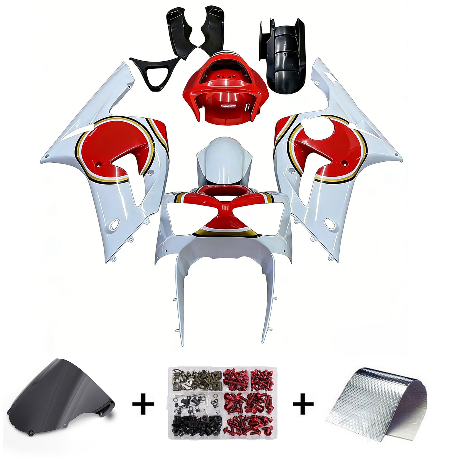 Amotopart 2003-2004 Kawasaki ZX6R フェアリング マルチ ホワイト&レッド キット