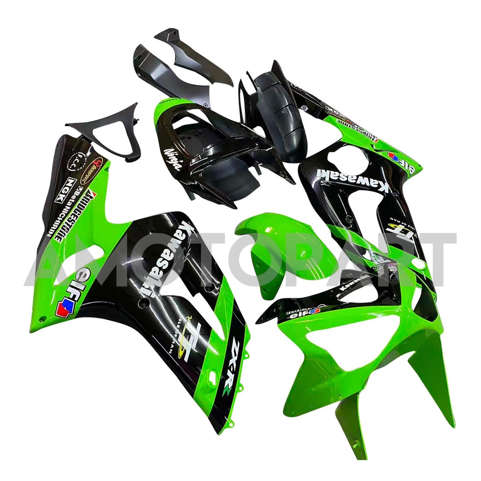 Amotopart 2003-2004 Kawasaki ZX6R フェアリング グリーン&ブラック キット