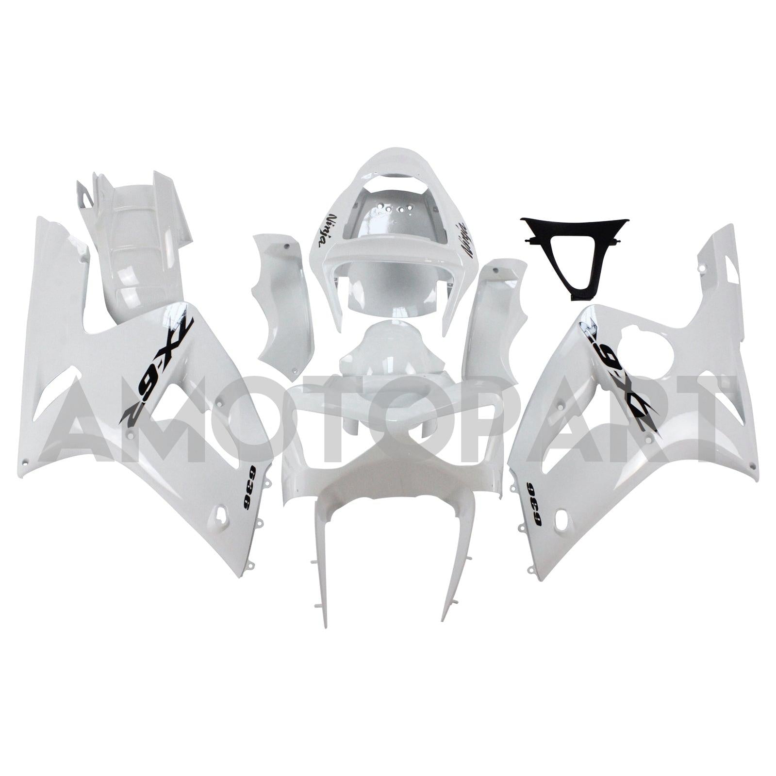 Amotopart 2003-2004 Kawasaki Zx6R 636 White Fairing Kit With Black Logo