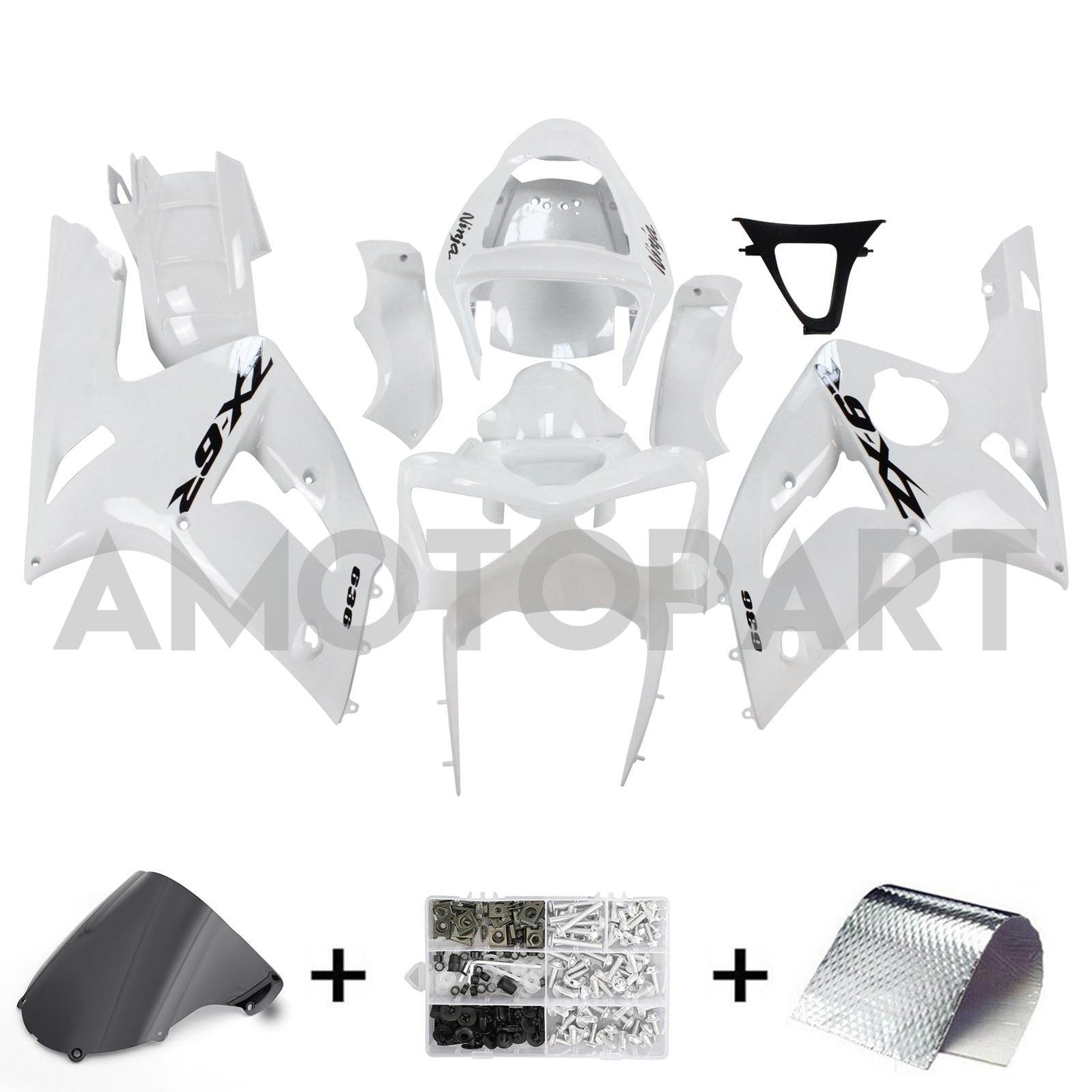 Amotopart 2003-2004 Kawasaki Zx6R 636 White Fairing Kit With Black Logo
