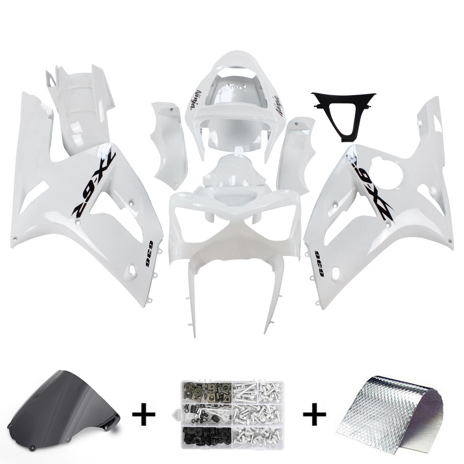 Amotopart 2003-2004 Kawasaki Zx6R 636 Kit de carenado blanco con logotipo negro