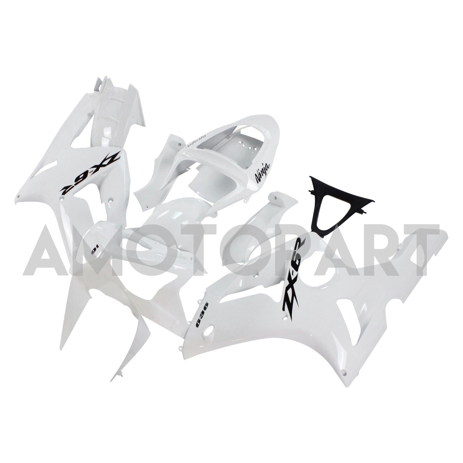 Amotopart 2003-2004 Kawasaki Zx6R 636 White Fairing Kit With Black Logo