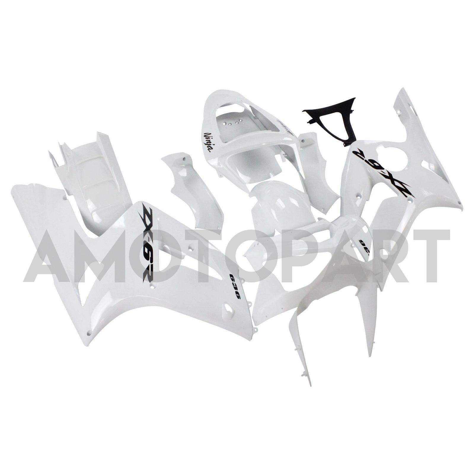 Amotopart 2003-2004 Kawasaki Zx6R 636 White Fairing Kit With Black Logo