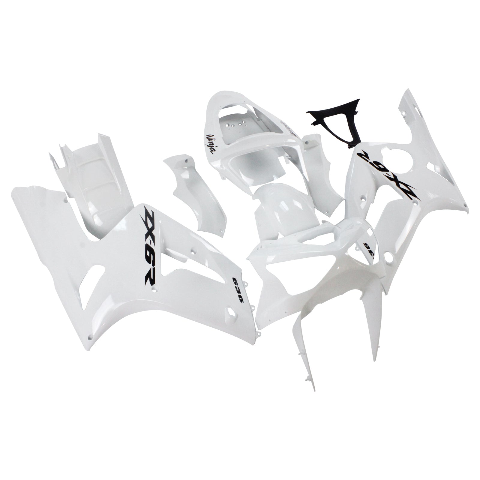 Amotopart 2003-2004 Kawasaki Zx6R 636 White Fairing Kit With Black Logo