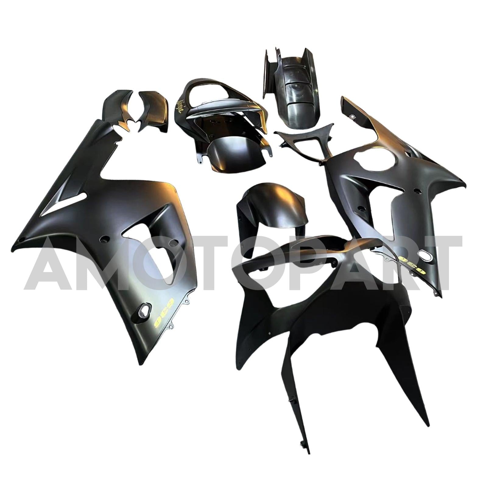 Amotopart 2003-2004 Kawasaki Zx6R 636 Black Fairing Kit With Gold Logo