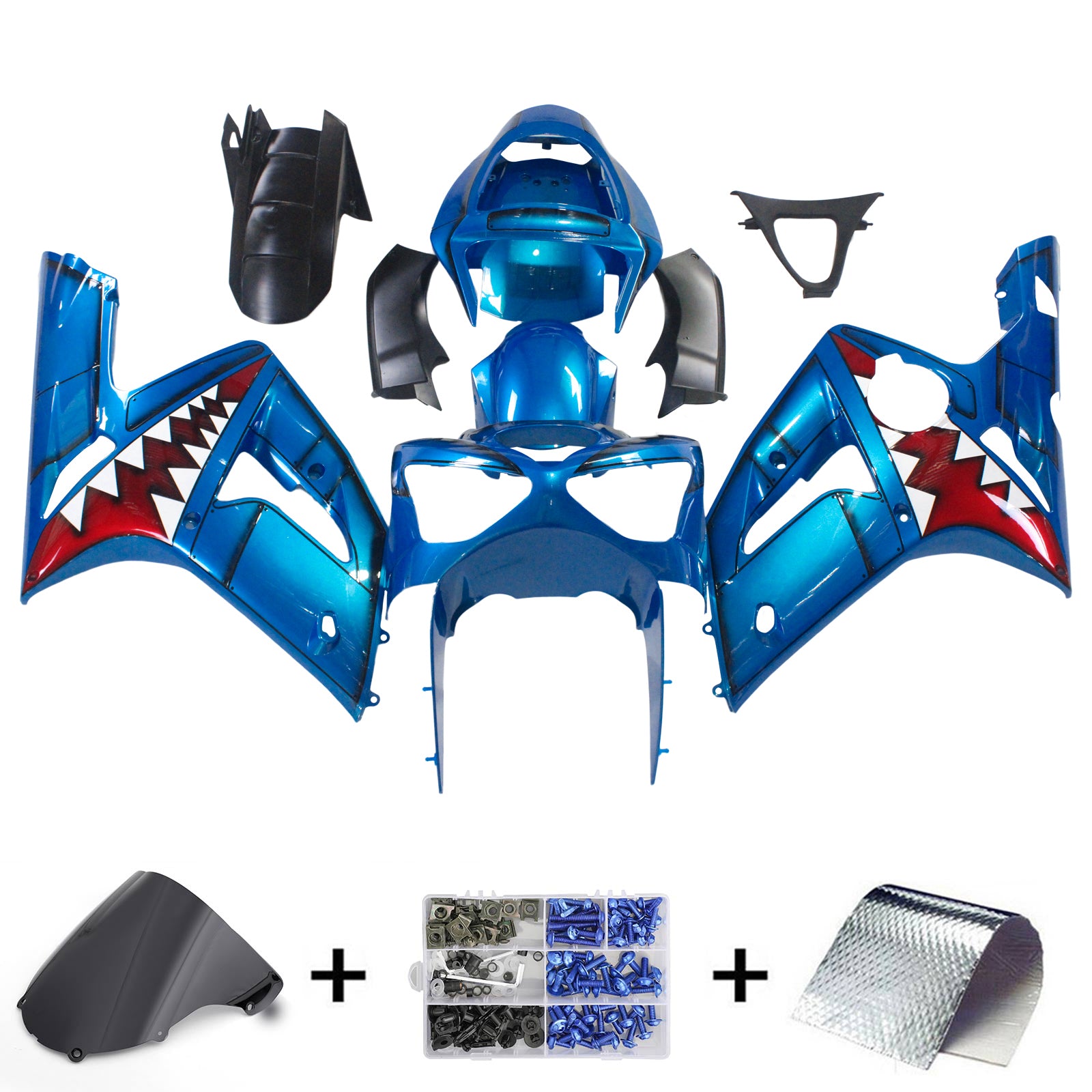 Amotopart 2003-2004 Kawasaki Zx6R 636 Kit de carénage requin bleu