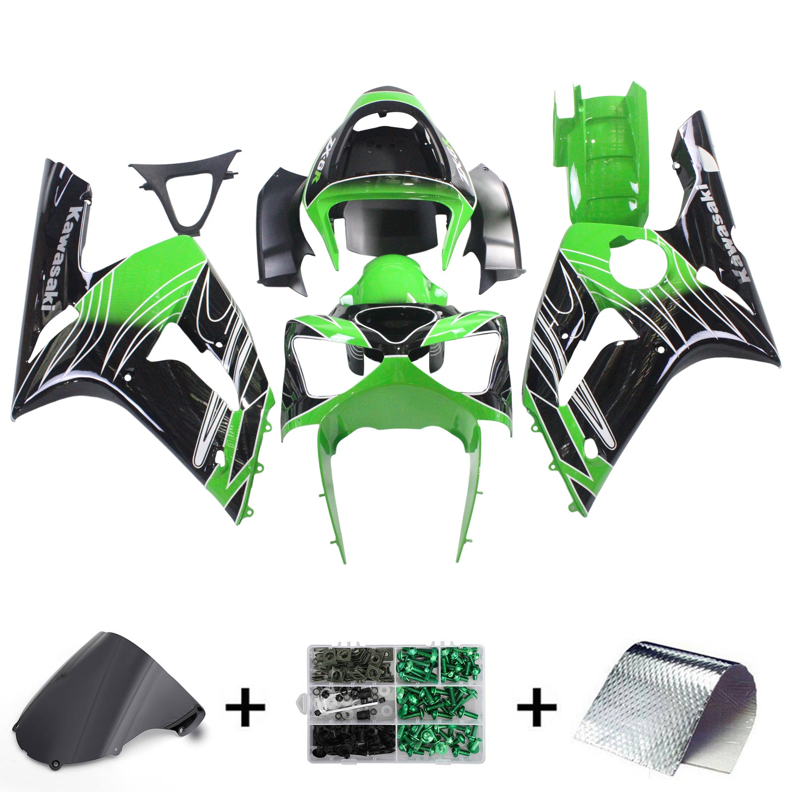 Amotopart 2003-2004 Kawasaki Zx6R 636 Kit de carenado negro verde