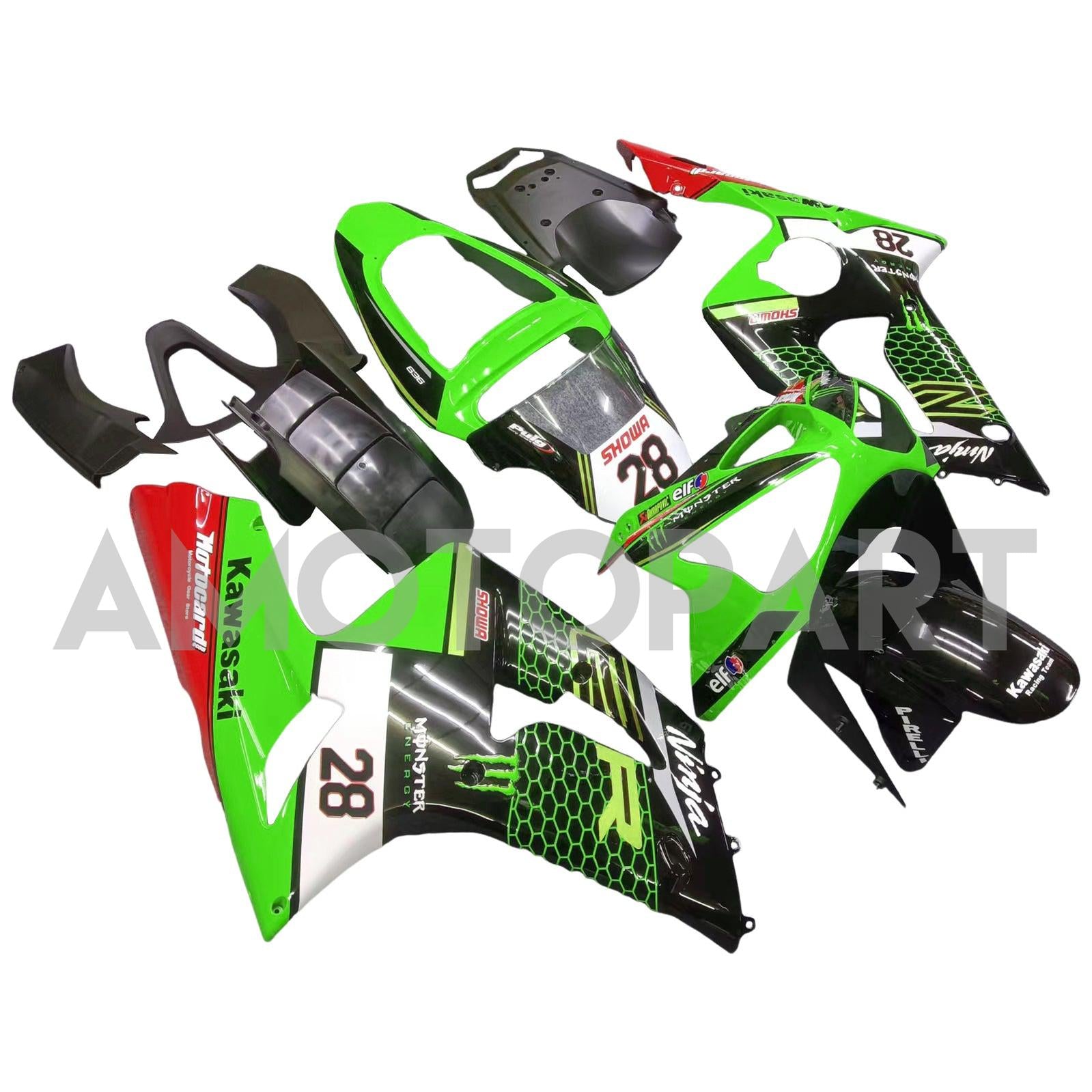 Amotopart 2003-2004 ZX6R 636 Kawasaki Kit carena verde e nero stile 1