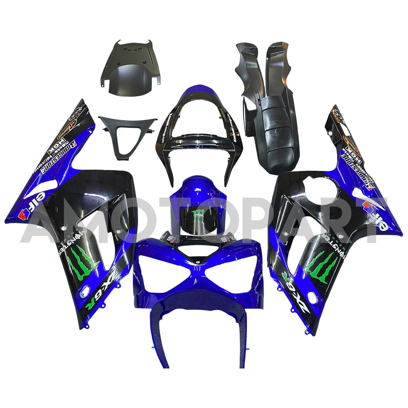 Amotopart 2003–2004 ZX6R 636 Kawasaki Blau&Schwarz mit Monster-Logo-Verkleidungssatz
