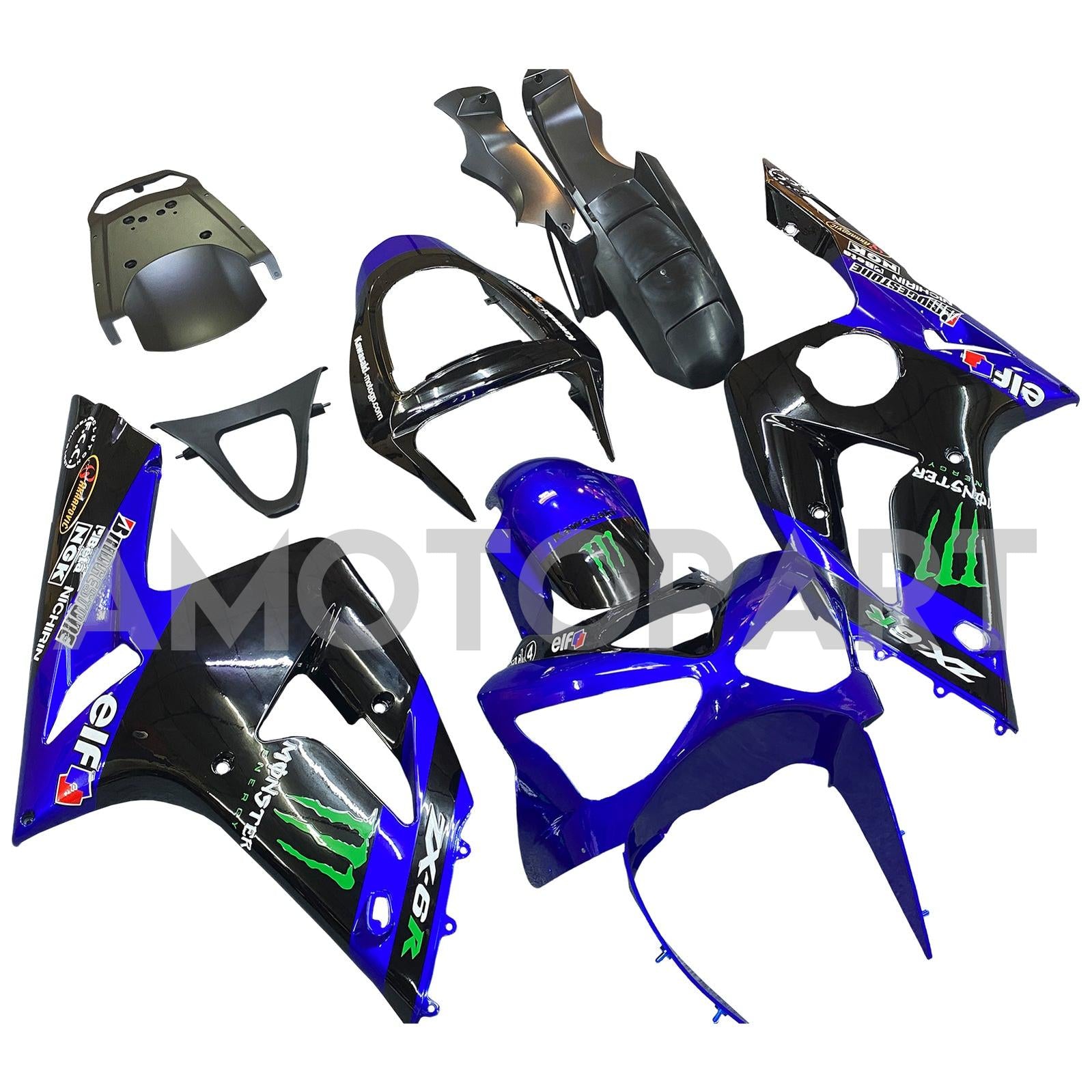 Amotopart 2003-2004 ZX6R 636 Kawasaki ブルー&ブラック モンスターロゴフェアリングキット付き