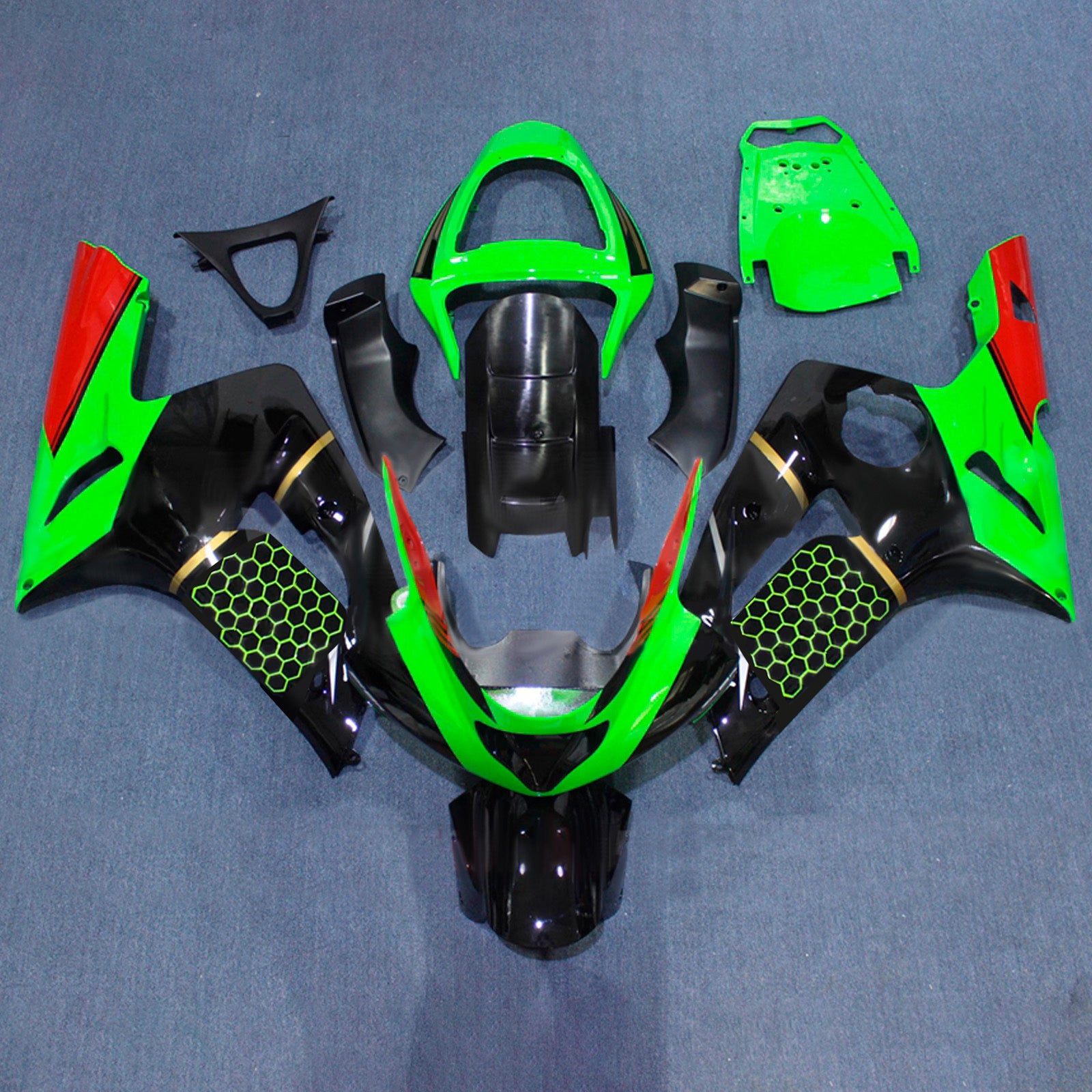 Amotopart 2003-2004 Kawasaki ZX6R 636 Grøn Sort Rød Fairing Kit