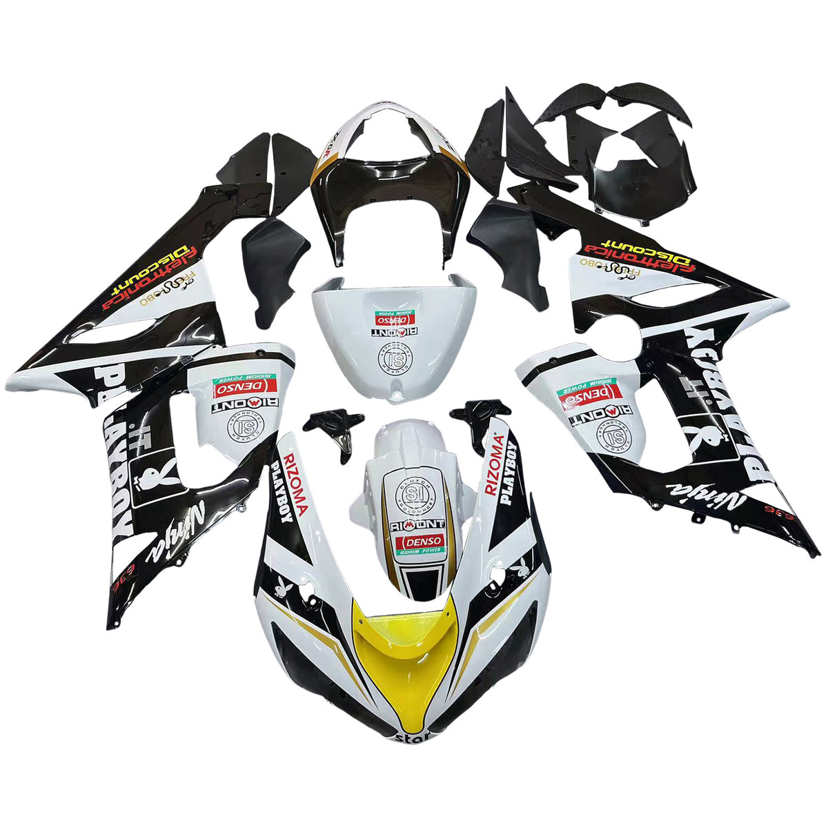 Amotopart 2005-2006 Kawasaki ZX6R 636 Kit de carénage Playboy noir et blanc