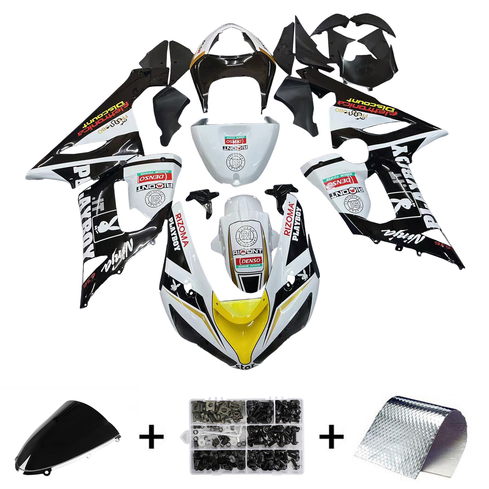 Amotopart 2005-2006 Kawasaki ZX6R 636 ブラック&ホワイト プレイボーイ フェアリングキット