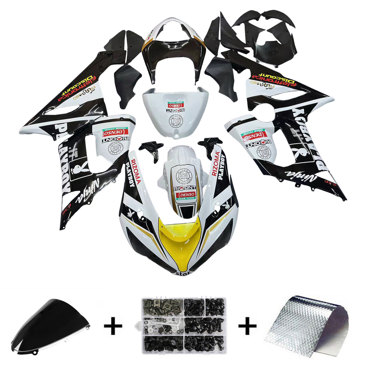 Amotopart 2005-2006 Kawasaki ZX6R 636 Kit de carénage Playboy noir et blanc