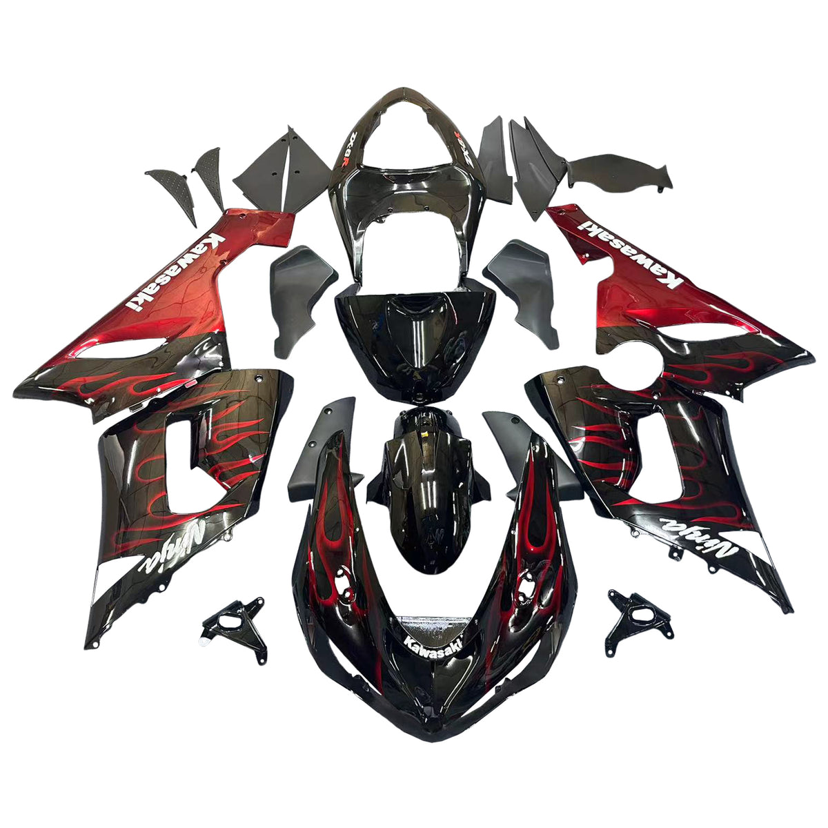 Amotopart 2005-2006 Kawasaki ZX6R 636 Kit de carénage noir et rouge