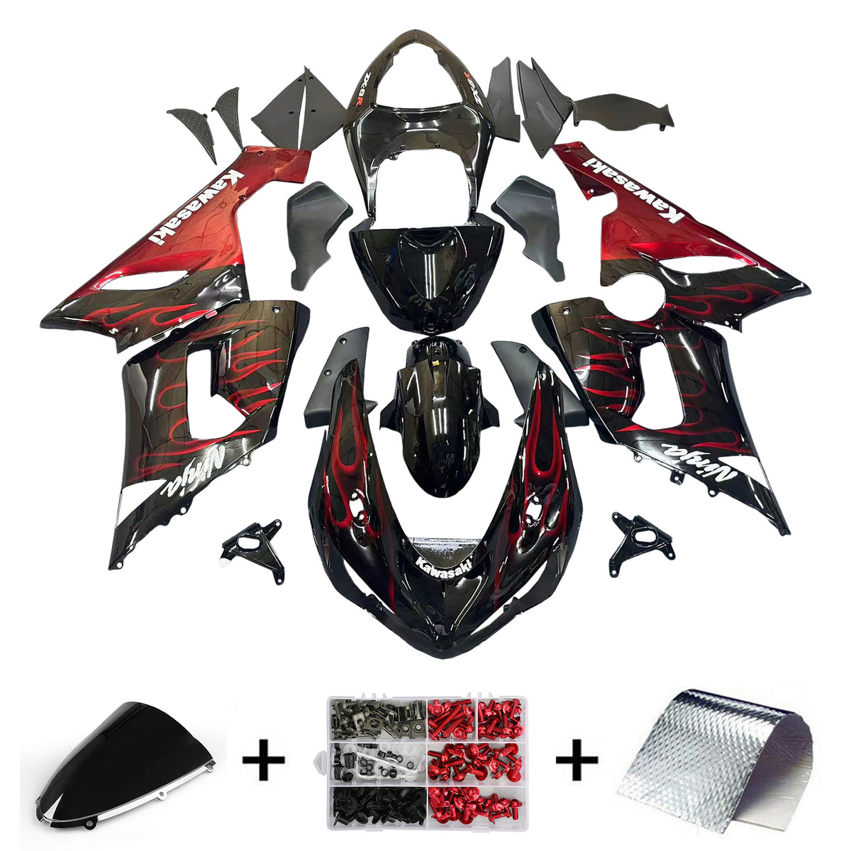 Amotopart 2005-2006 Kawasaki ZX6R 636 Kit de carénage noir et rouge