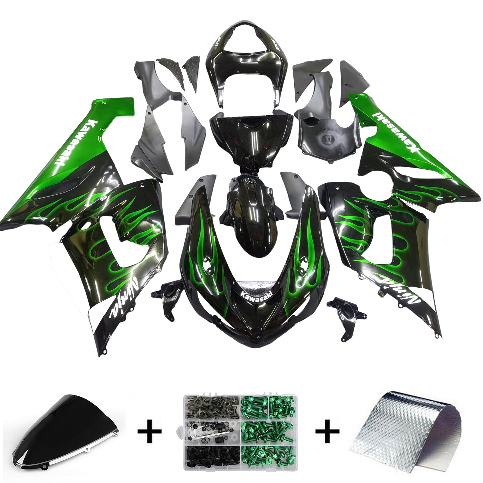 Amotopart 2005-2006 Kawasaki ZX6R 636 Fairing Green&Black Kit