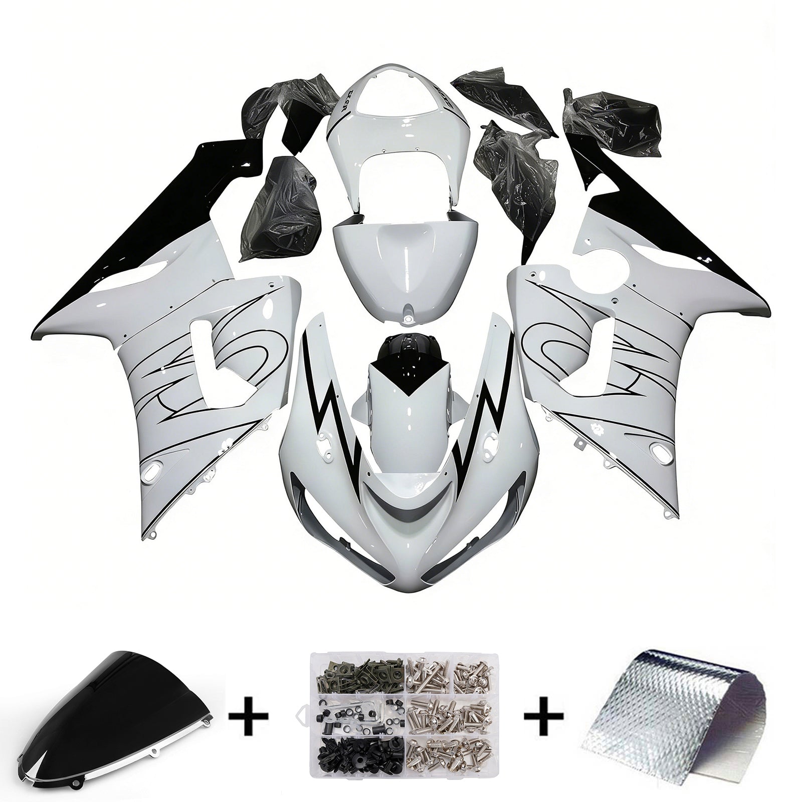 Amotopart 2005-2006 Kawasaki ZX6R 636 White Black Fairing Kit
