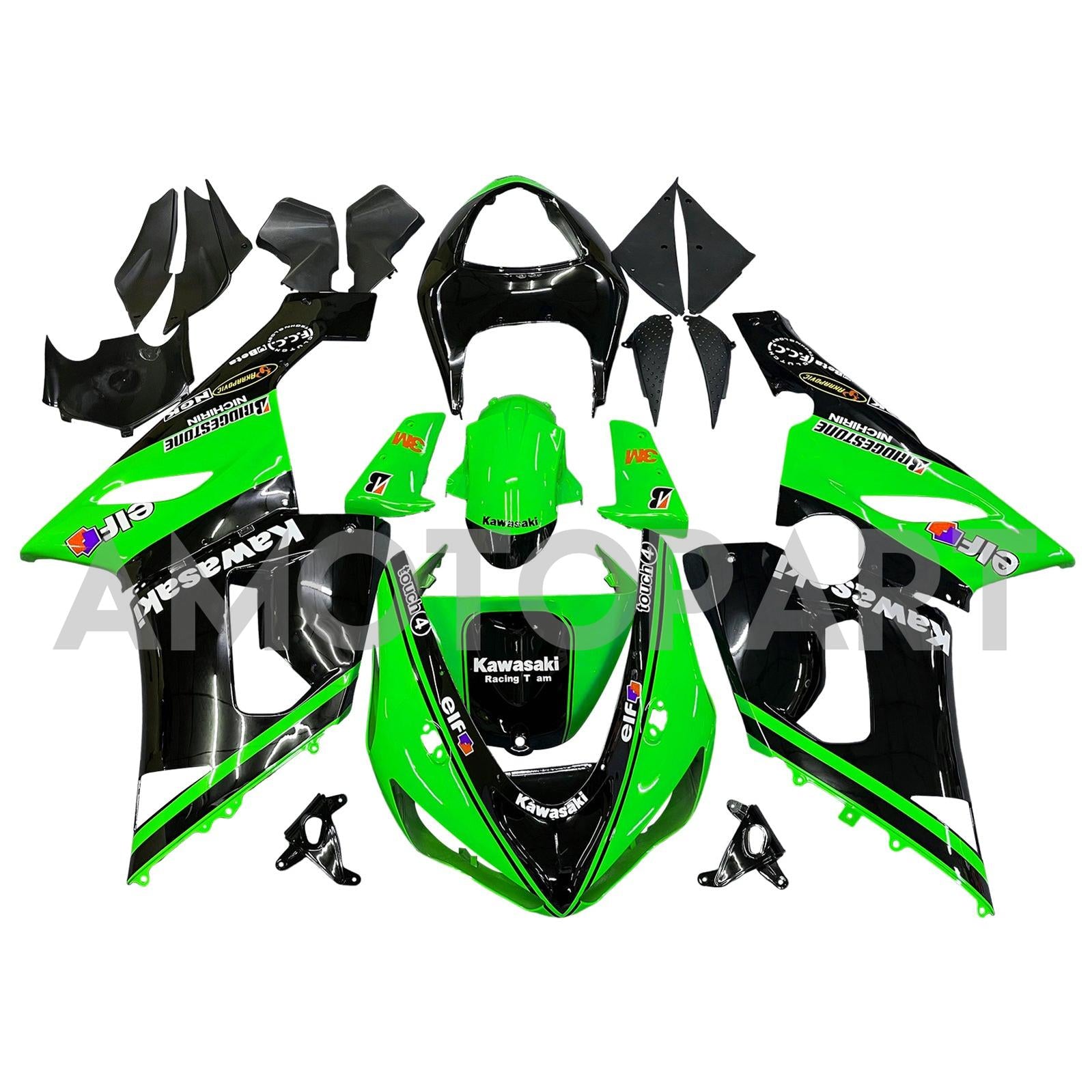 Amotopart 2005-2006 Kawasaki ZX6R 636 Black Green Fairing Kit