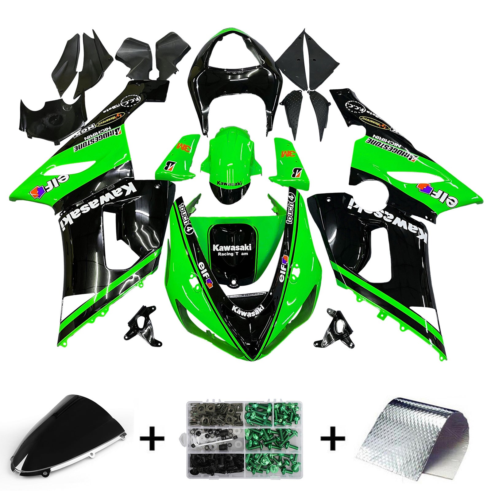 Amotopart 2005-2006 Kawasaki ZX6R 636 Black Green Fairing Kit