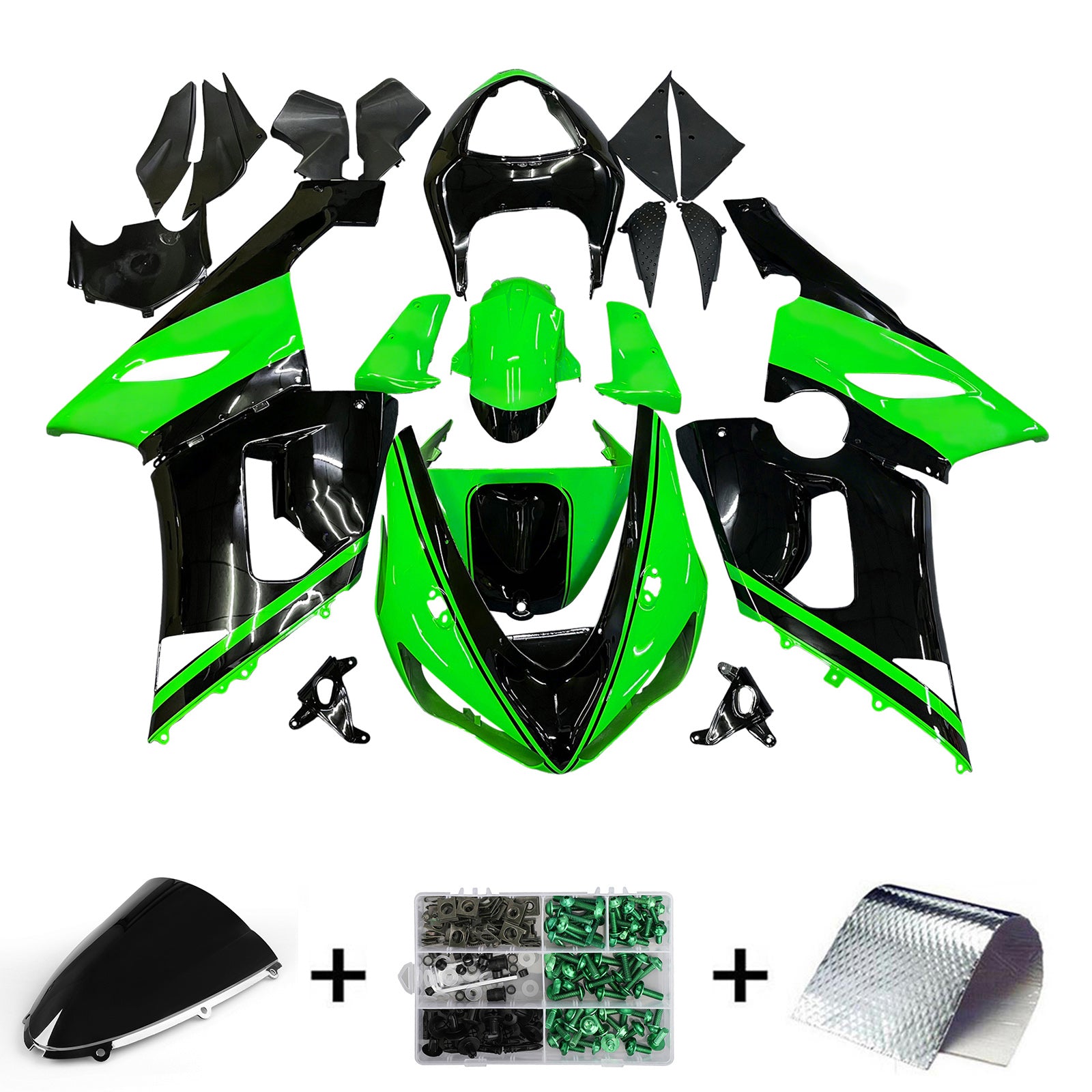 Amotopart 2005-2006 Kawasaki ZX6R 636 Black Green Fairing Kit