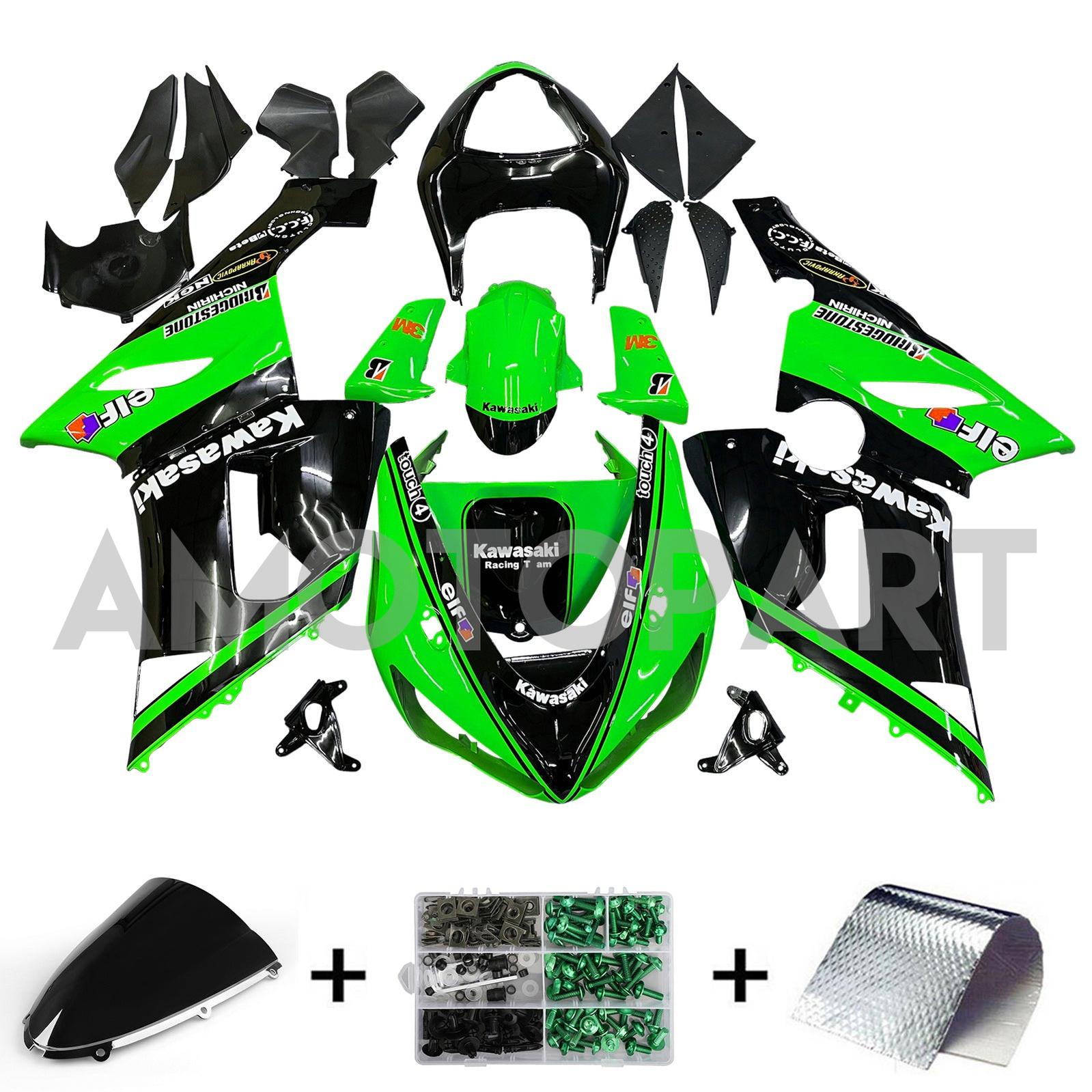 Amotopart 2005-2006 Kawasaki ZX6R 636 Black Green Fairing Kit