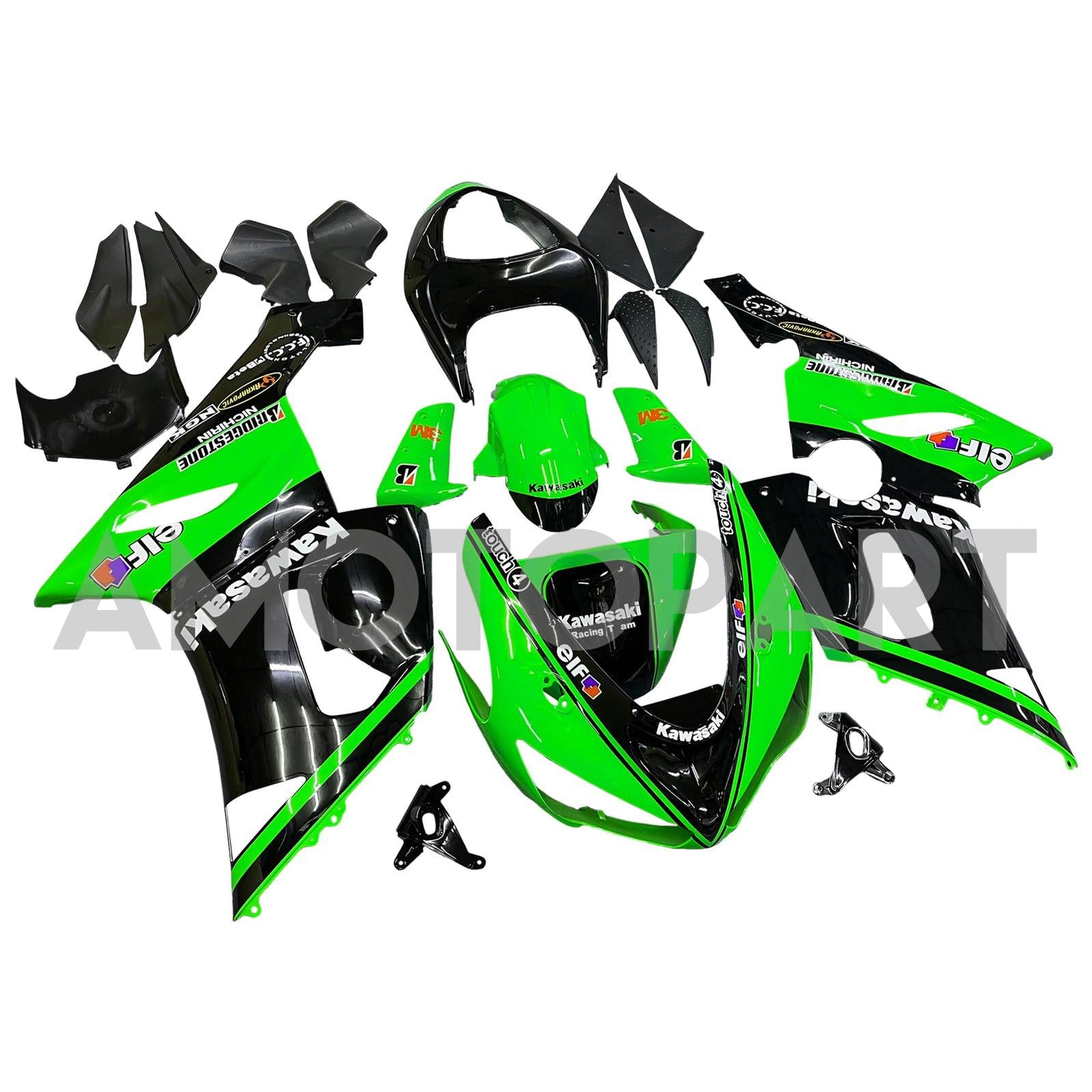 Amotopart 2005-2006 Kawasaki ZX6R 636 Black Green Fairing Kit