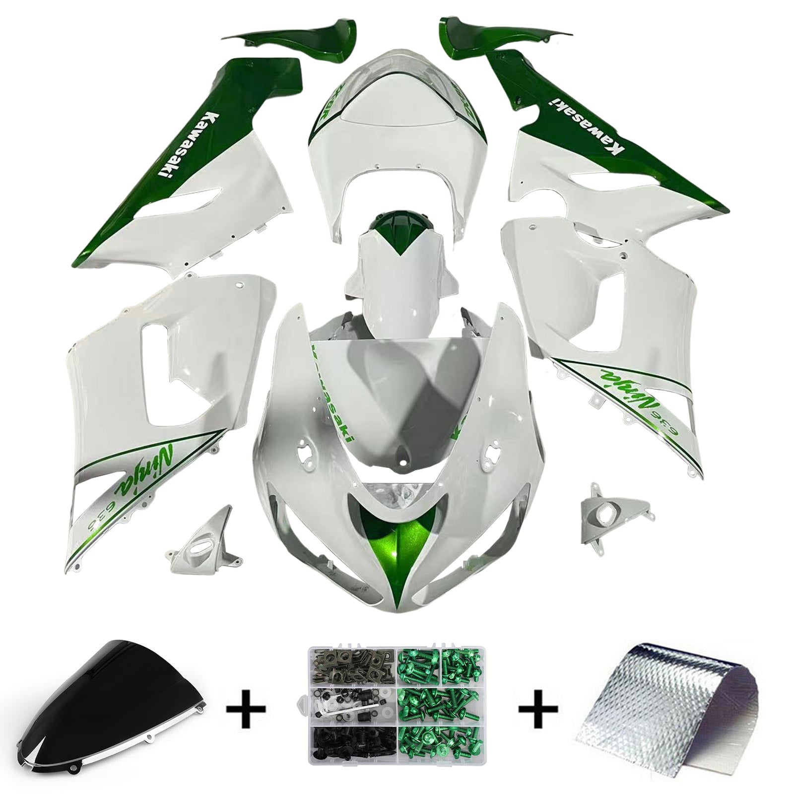 Amotopart 2005-2006 Kawasaki ZX6R 636 Kit de carenado blanco y verde