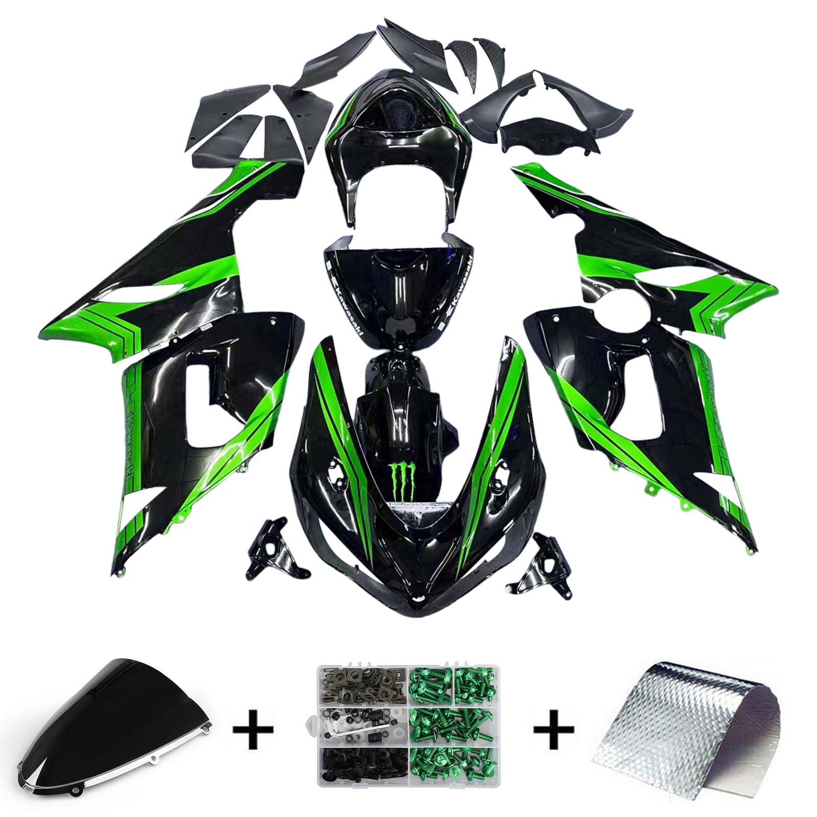 Amotopart 2005-2006 Kawasaki ZX6R 636 Kit de carénage Style1 noir et vert