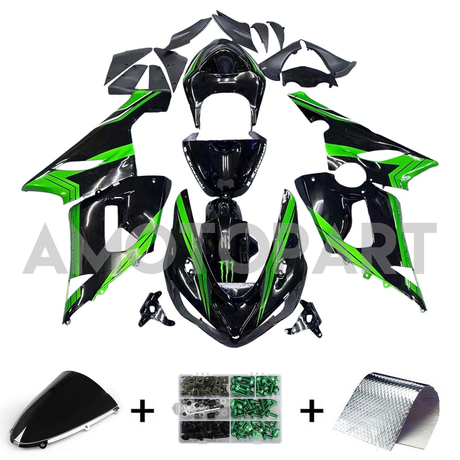 Amotopart 2005–2006 Kawasaki ZX6R 636, Schwarz&Grünes Style1-Verkleidungskit