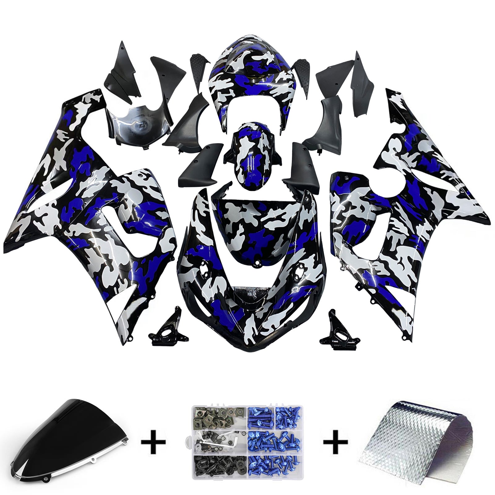 Amotopart 2005-2006 Kawasaki ZX6R 636 Blue&White Camouflage Fairing Kit