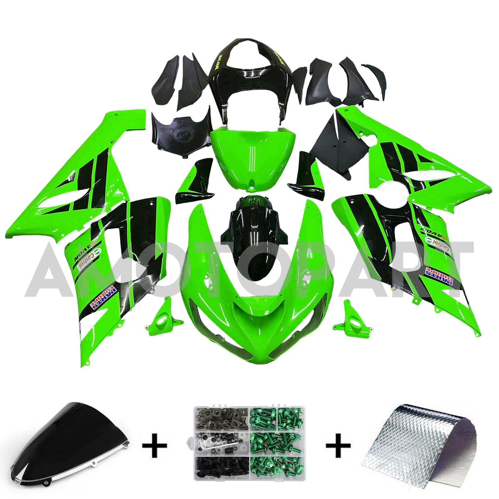 Amotopart 2005–2006 Kawasaki ZX6R 636, Schwarz&Grünes Style2-Verkleidungskit