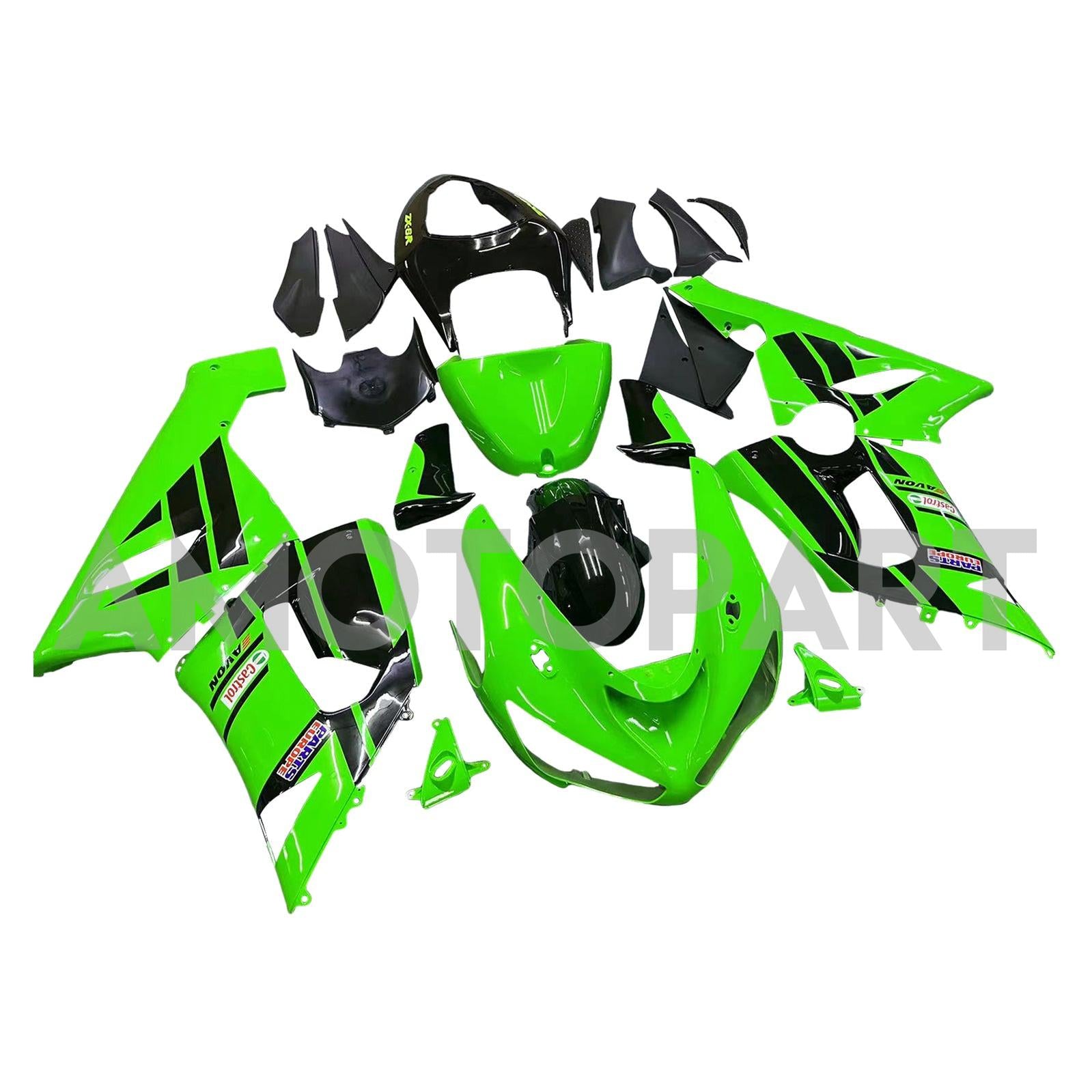 Amotopart 2005-2006 Kawasaki ZX6R 636 Noir&Kit de carénage Green Style2