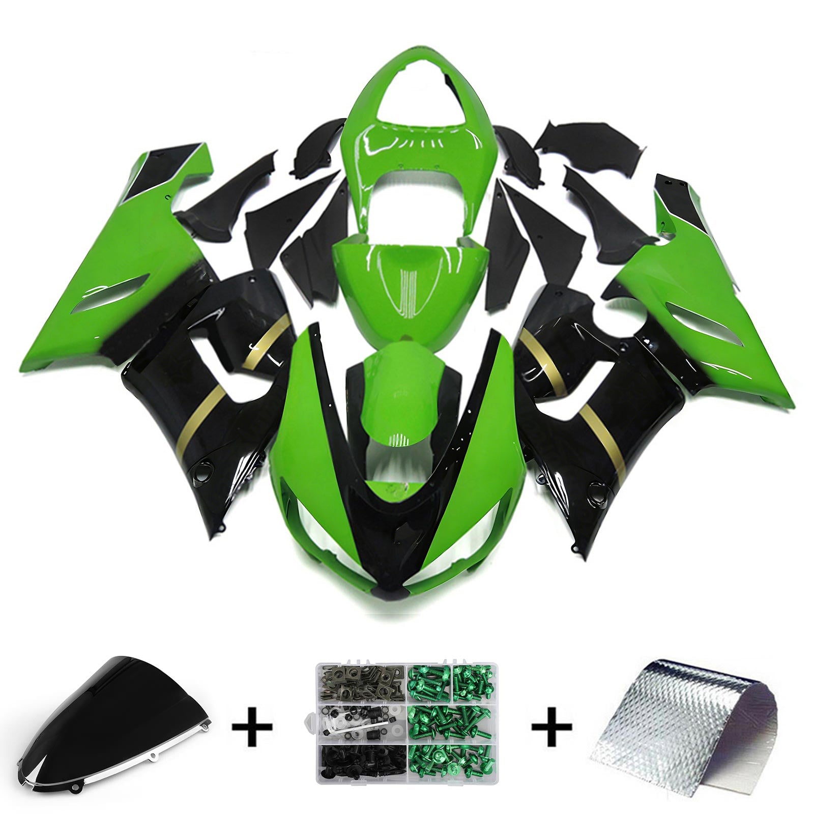 Amotopart 2005-2006 Kawasaki ZX6R 636 Black&Green Style3 Fairing Kit