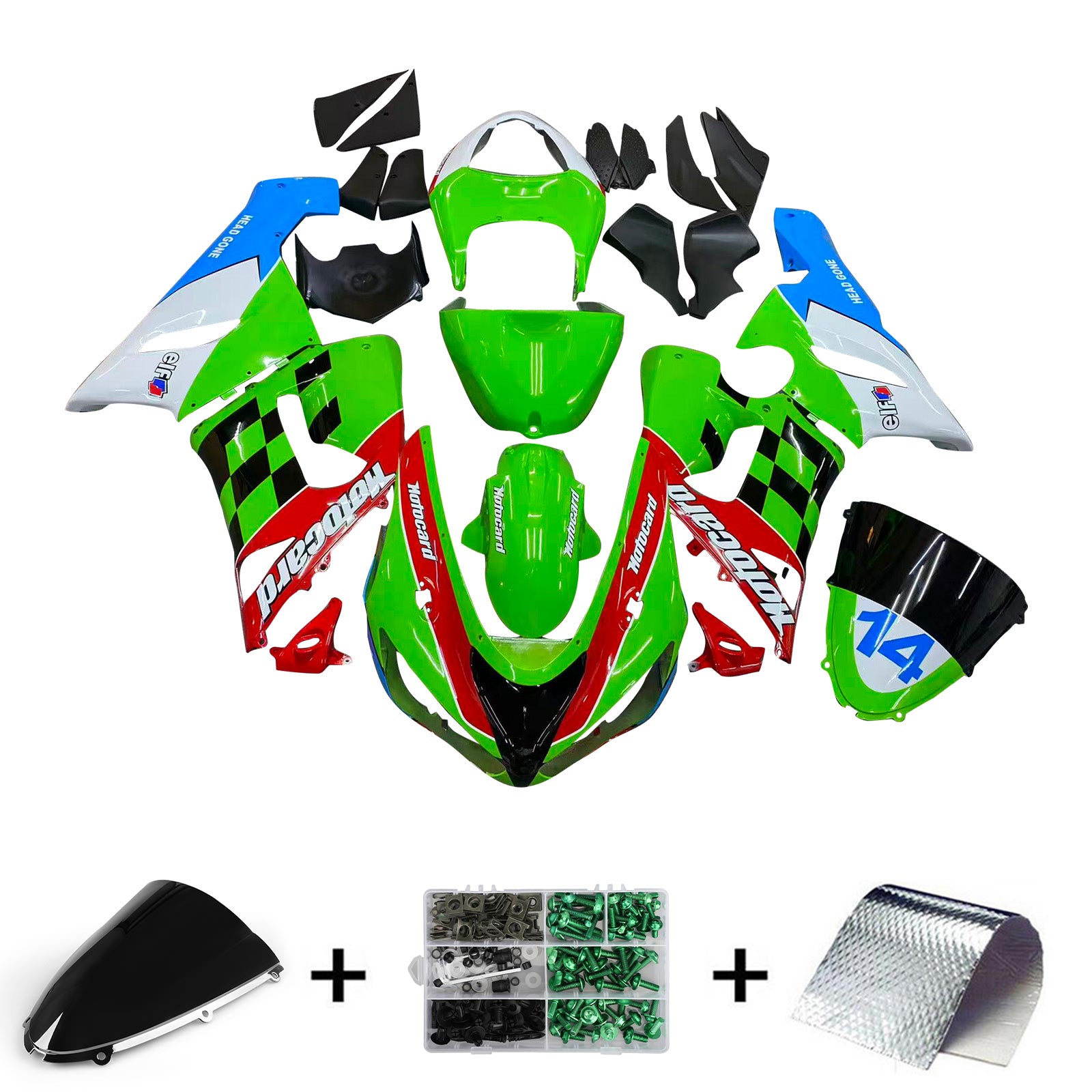 Amotopart 2005-2006 Kawasaki ZX6R 636 Green&Blue Fairing Kit