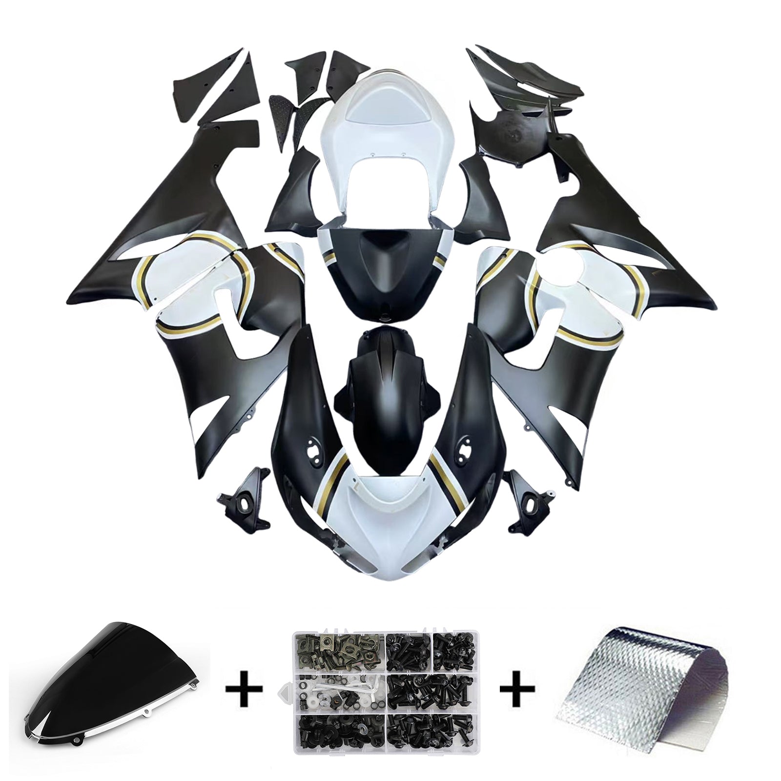 Amotopart 2005-2006 Kawasaki ZX6R 636 Matte Black White Fairing Kit