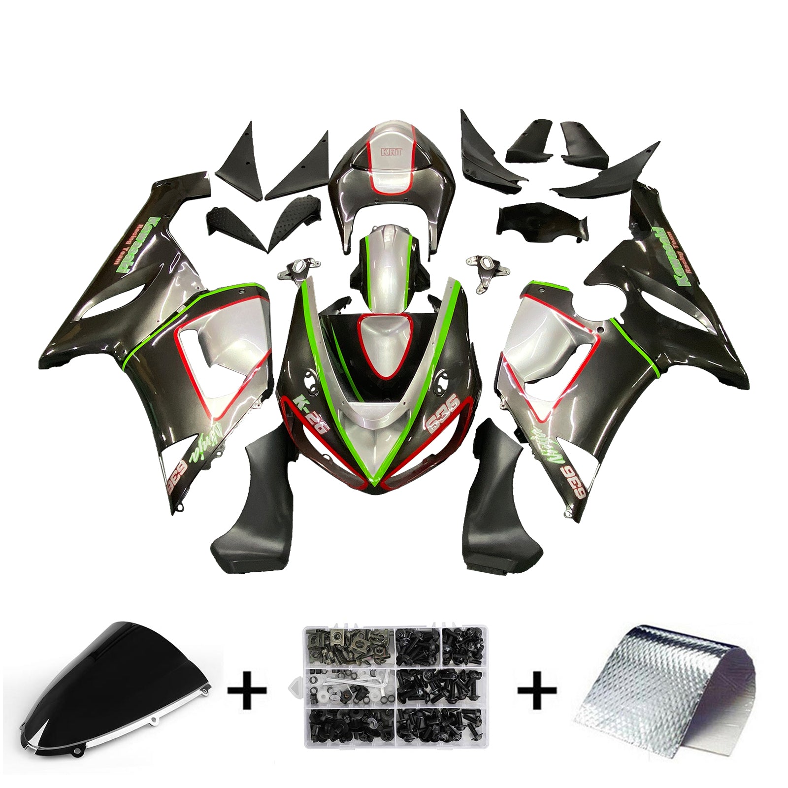 Amotopart Kawasaki 2005-2006 ZX6R 636 Red & Green Line Black Fairing Kit