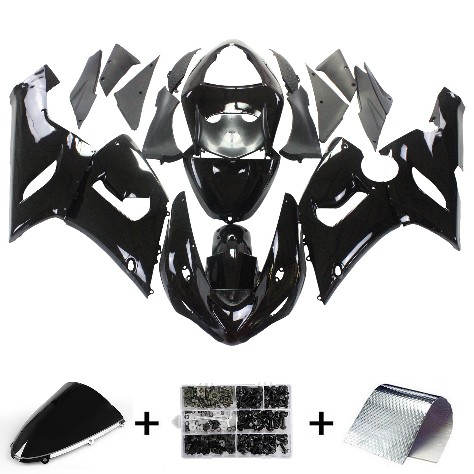 Amotopart Kawasaki 2005–2006 ZX6R 636 komplett schwarzes Verkleidungsset