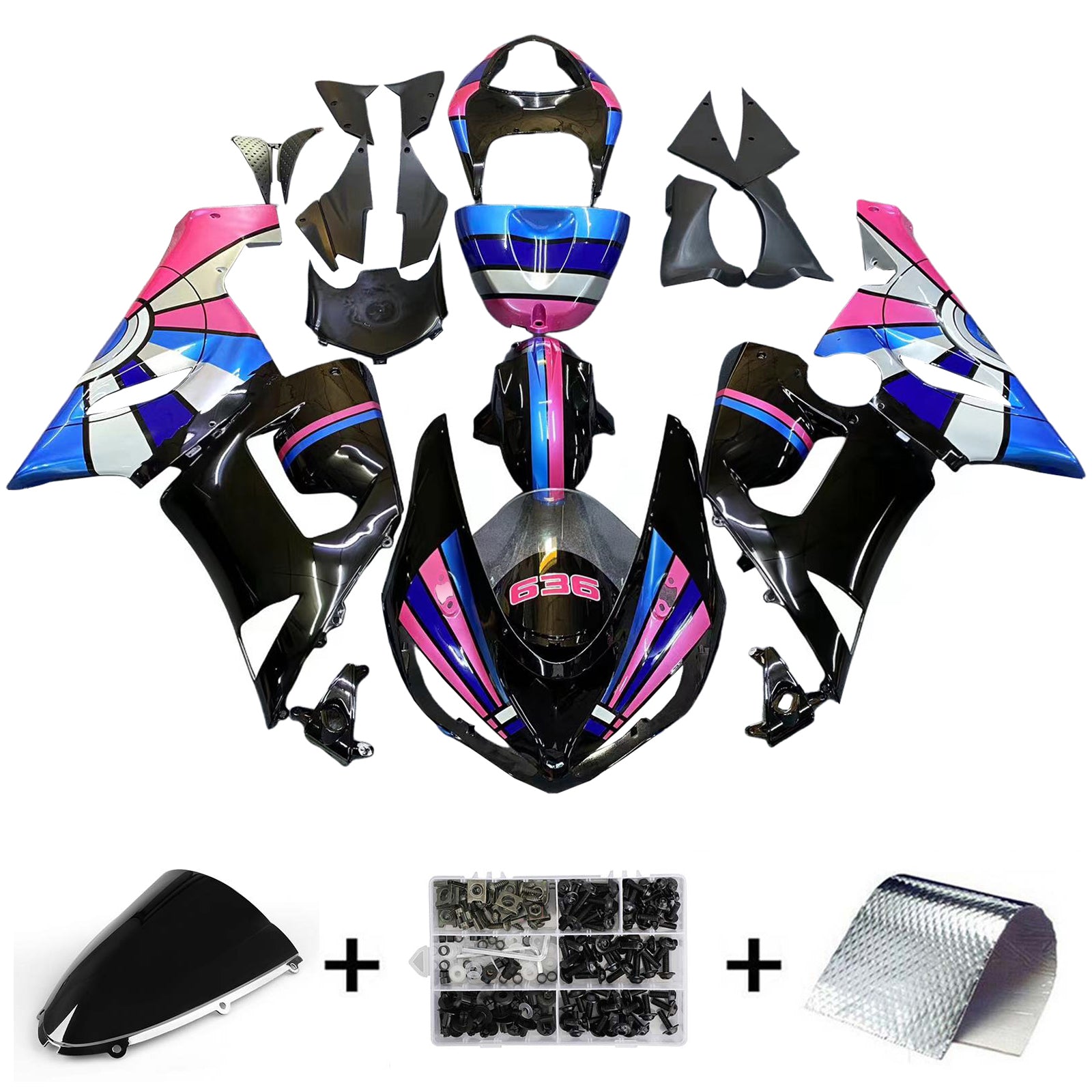 Amotopart Kawasaki 2005-2006 ZX6R 636 Black Pink Playboy Fairing Kit