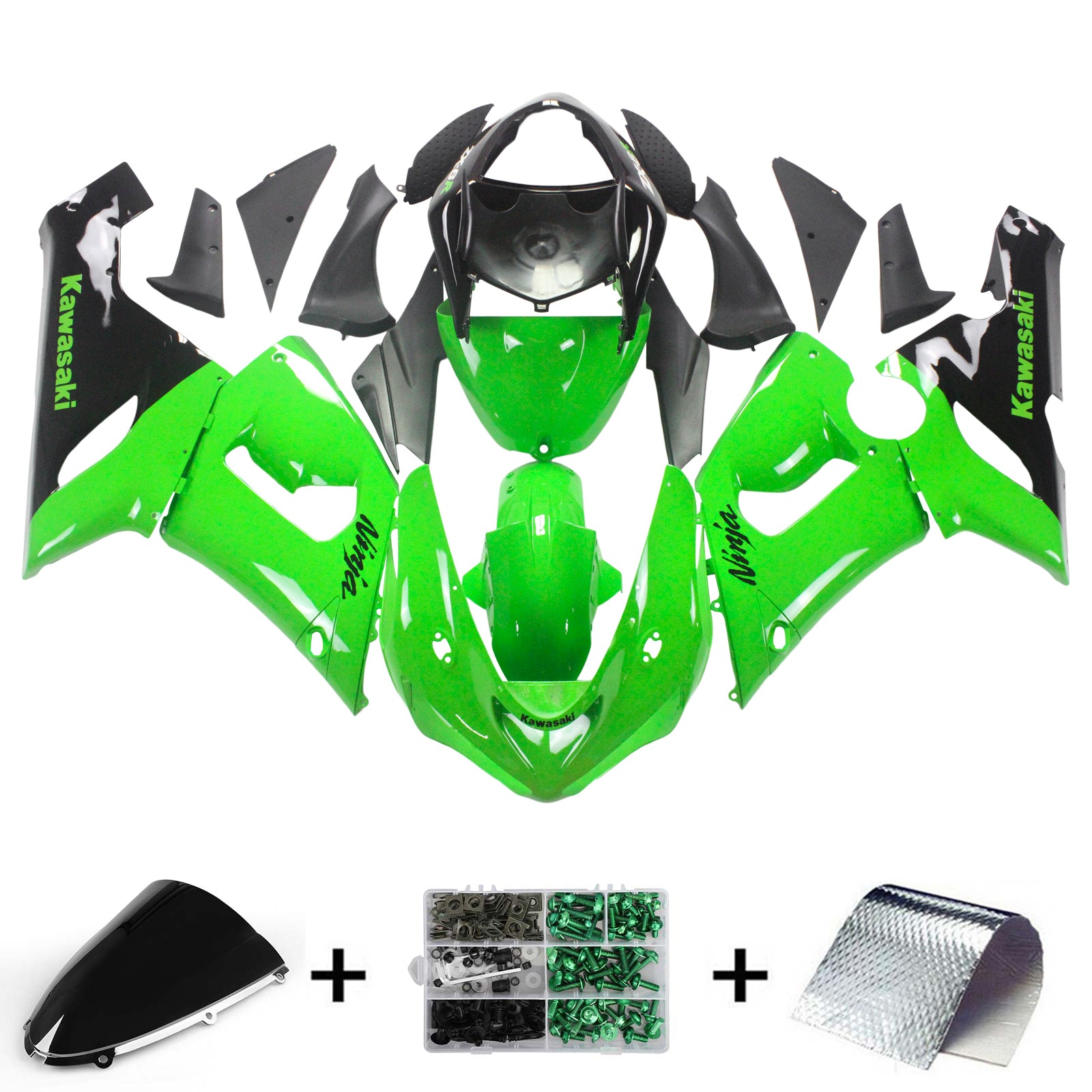 Amotopart Kawasaki 2005-2006 ZX6R 636 Kit de carenado verde negro